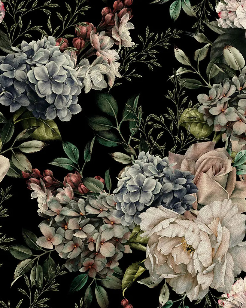 Floral pattern with roses and hydrangeas on a dark background
