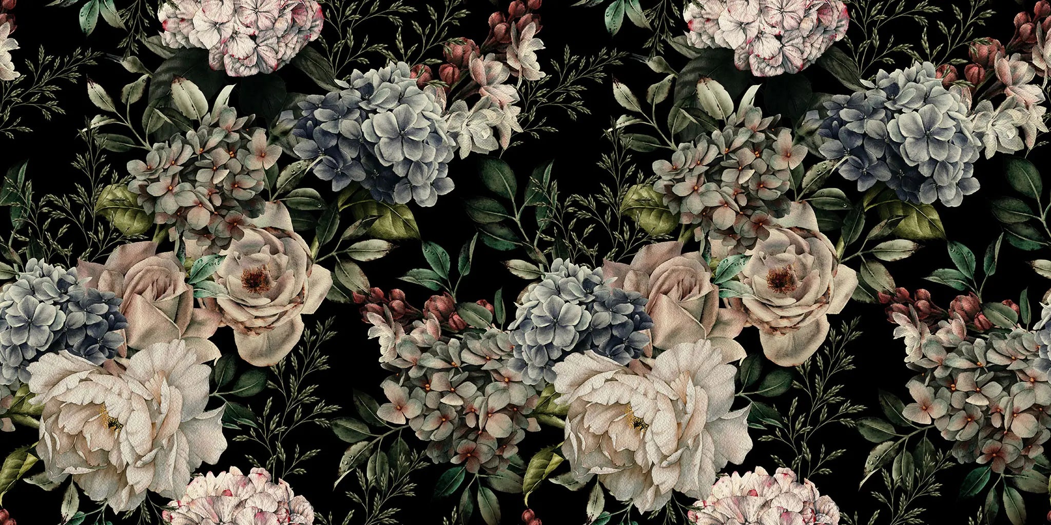 Floral pattern with roses and hydrangeas on a dark background