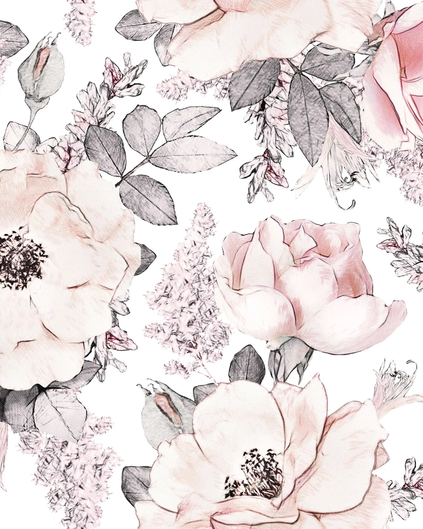 Pattern of pink flowers and green leaves on a white background