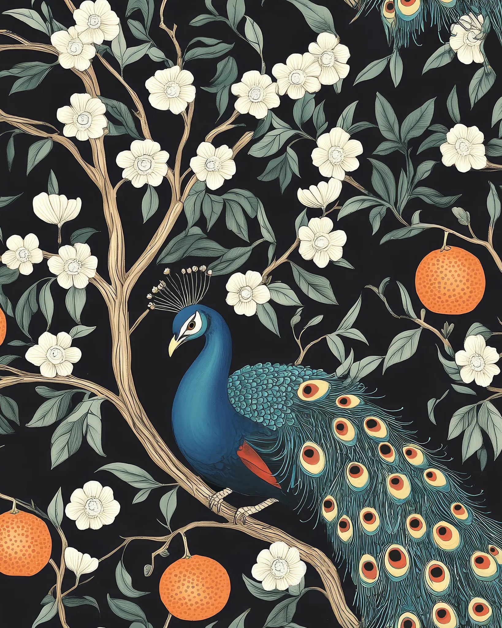 Peacock among flowers and oranges on a dark background