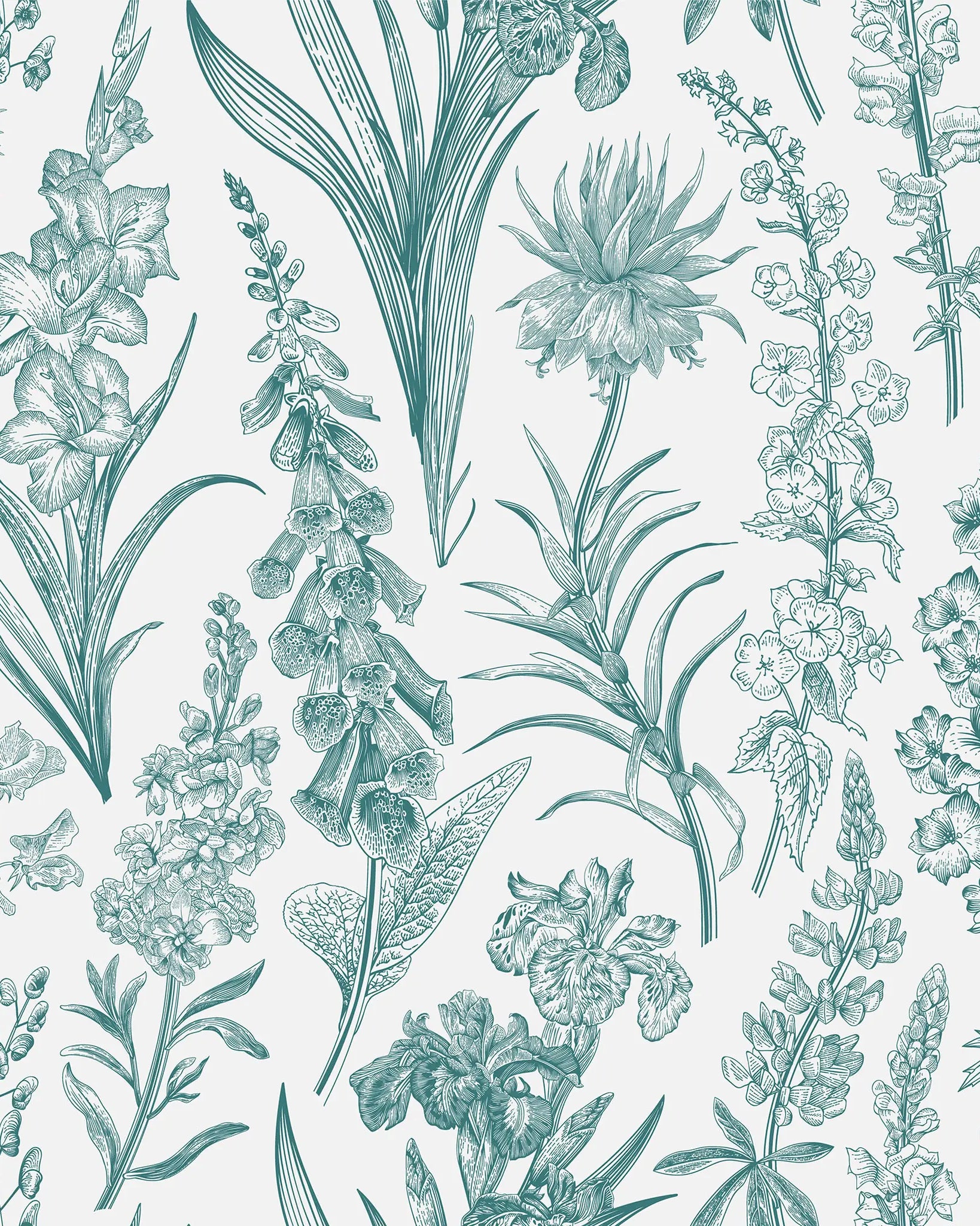 Botanical pattern with various plants and flowers on a light blue background