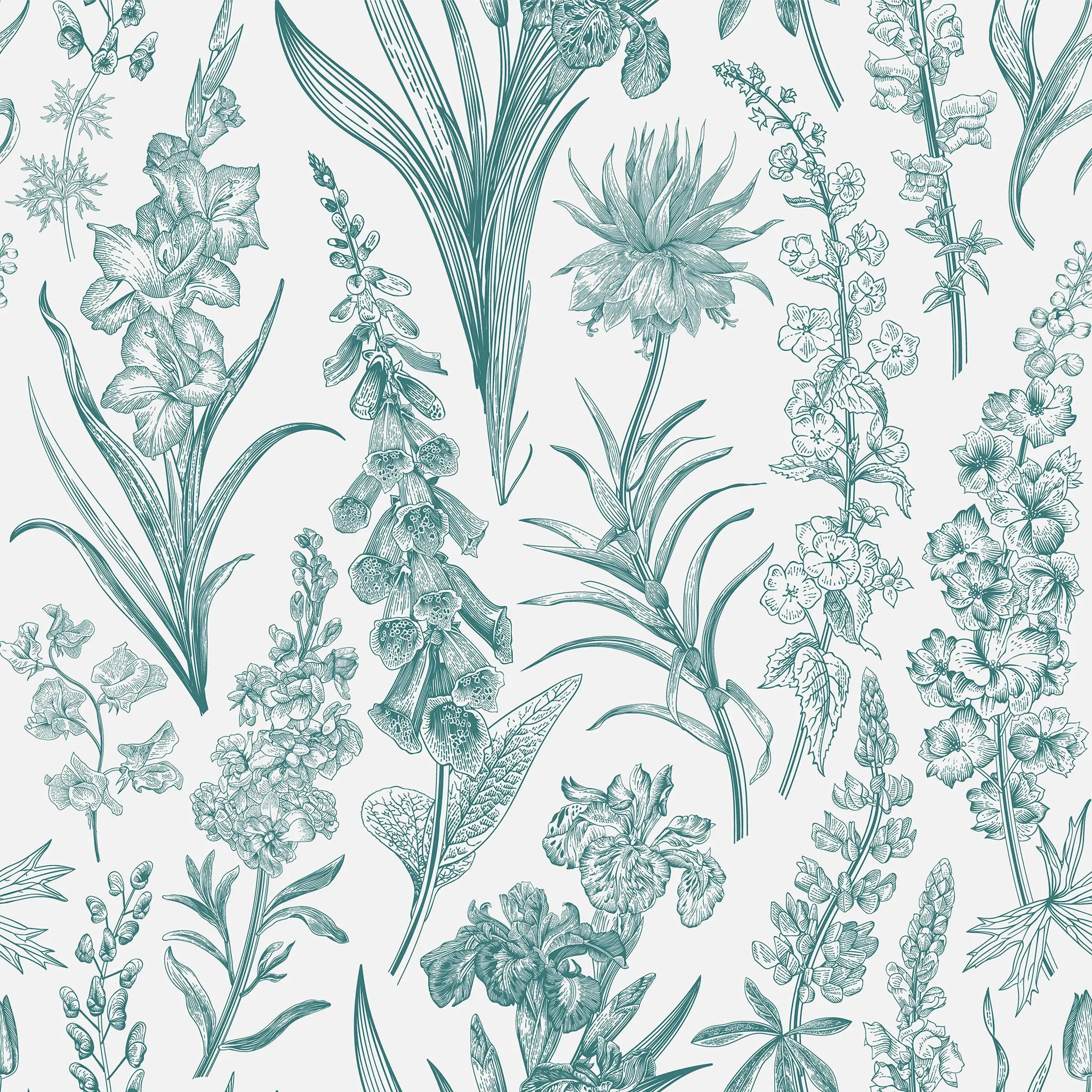 Botanical pattern with various plants and flowers on a light blue background