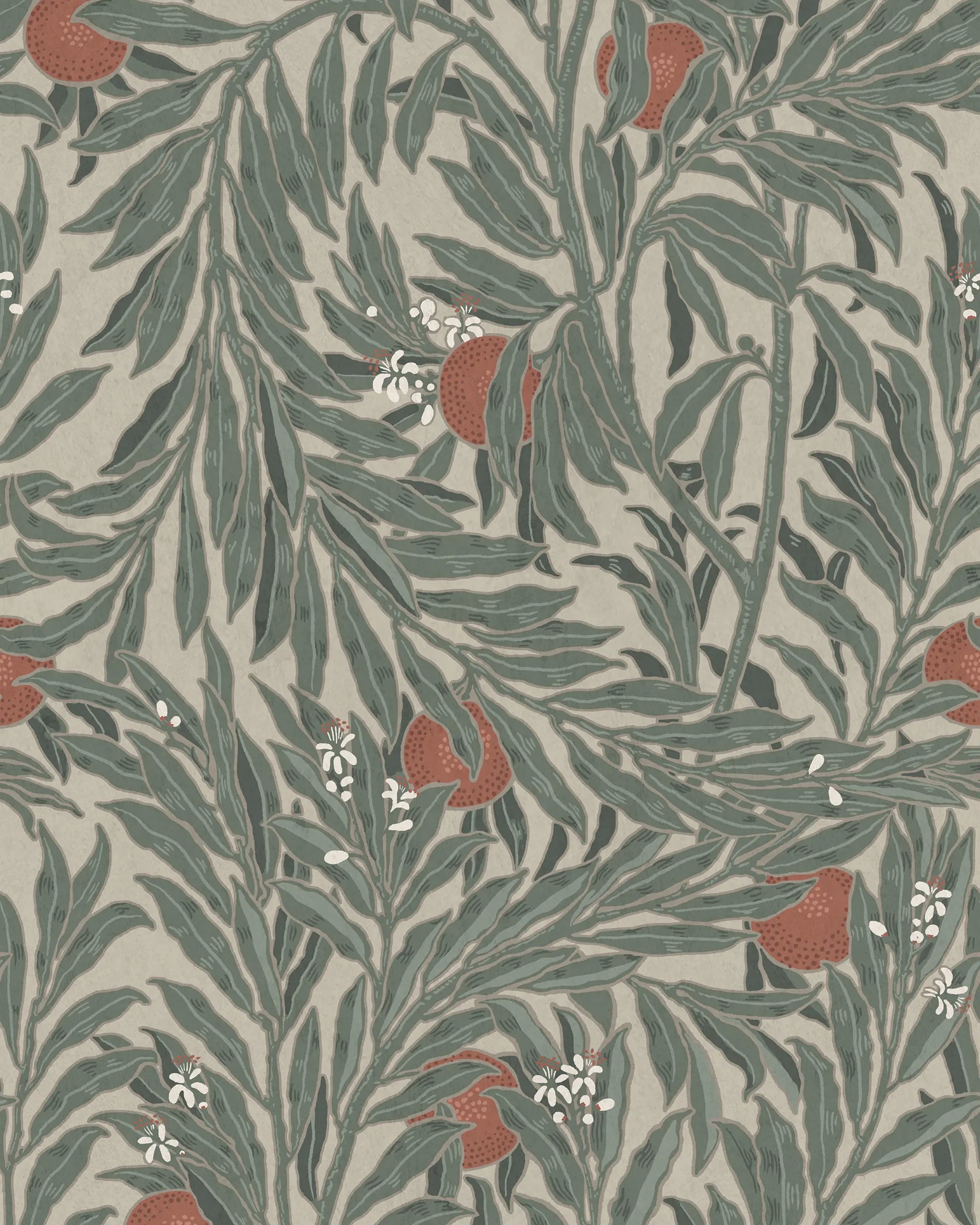 Patterned fabric with green leaves and red berries on a beige background