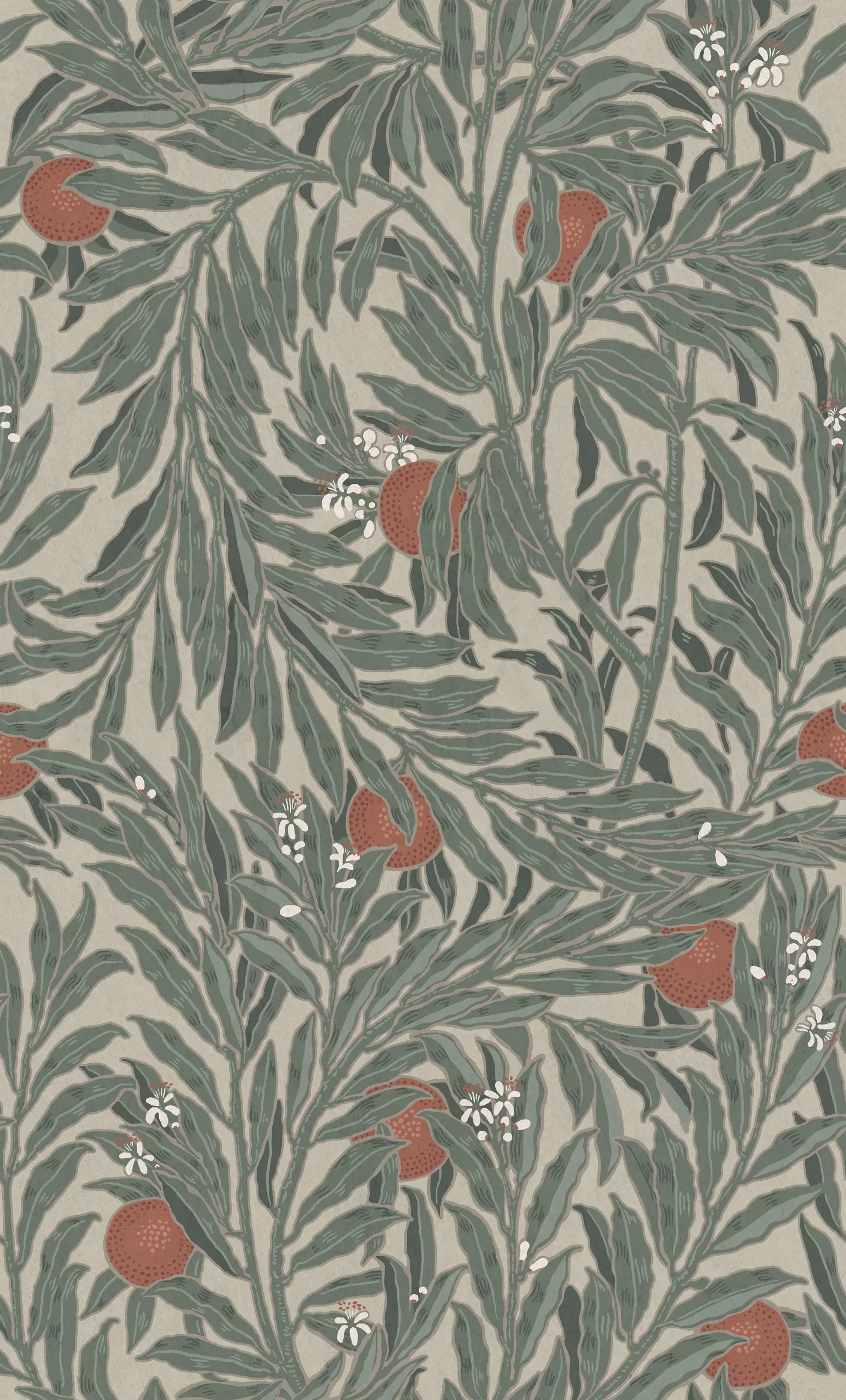 Patterned fabric with green leaves and red berries on a beige background
