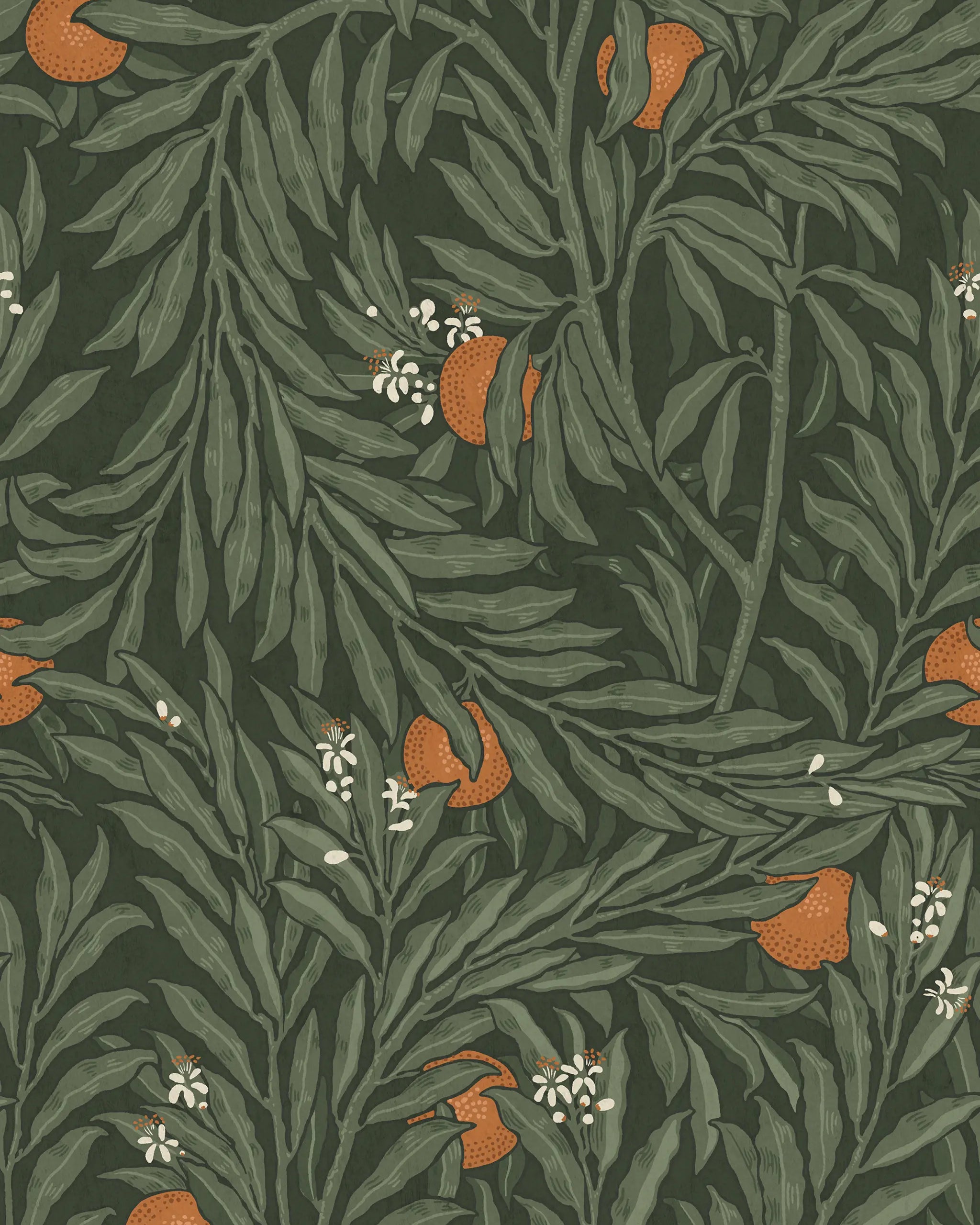 Pattern of leaves and oranges on a dark green background