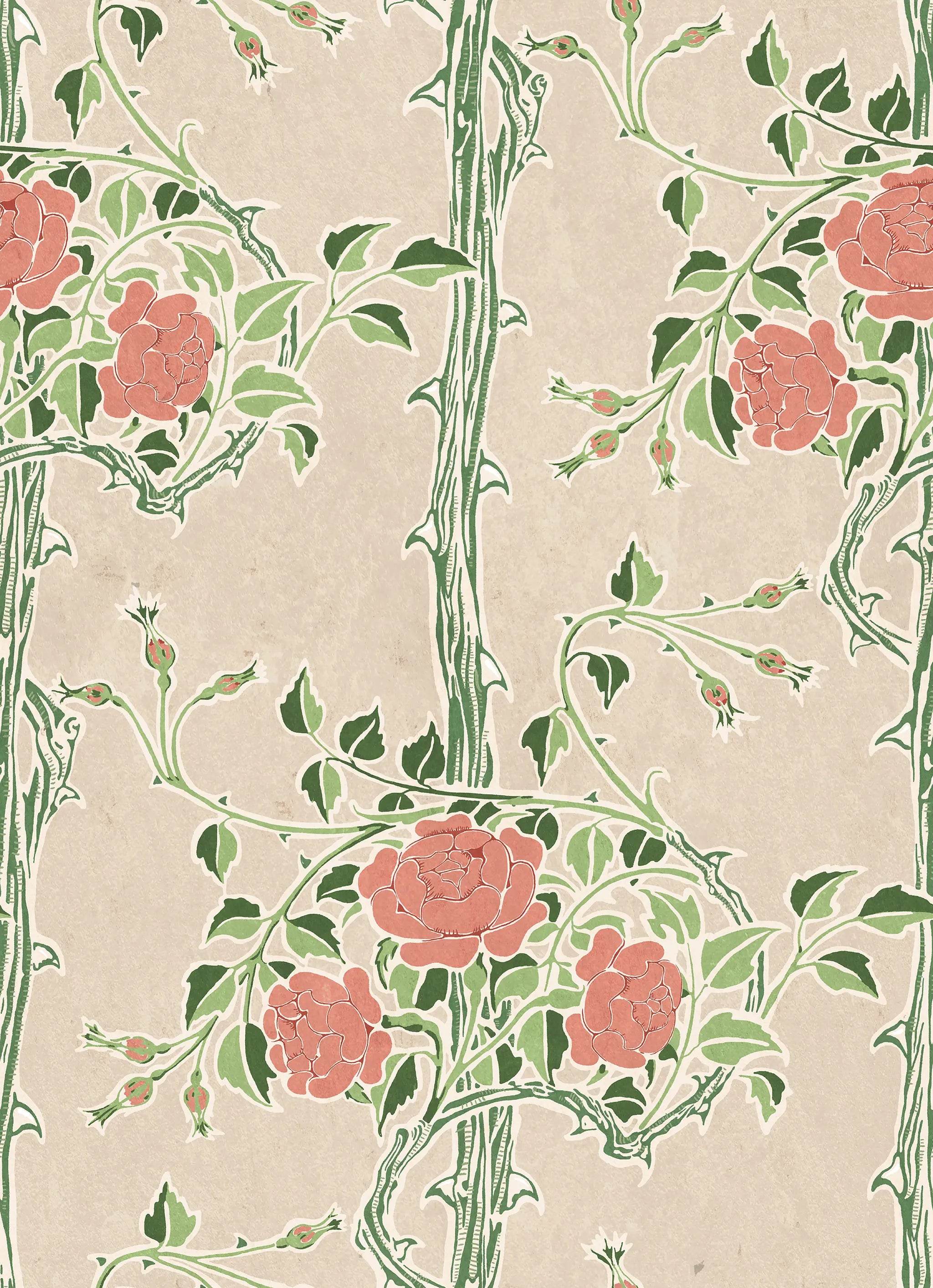 Floral pattern with pink roses and green leaves on a beige background