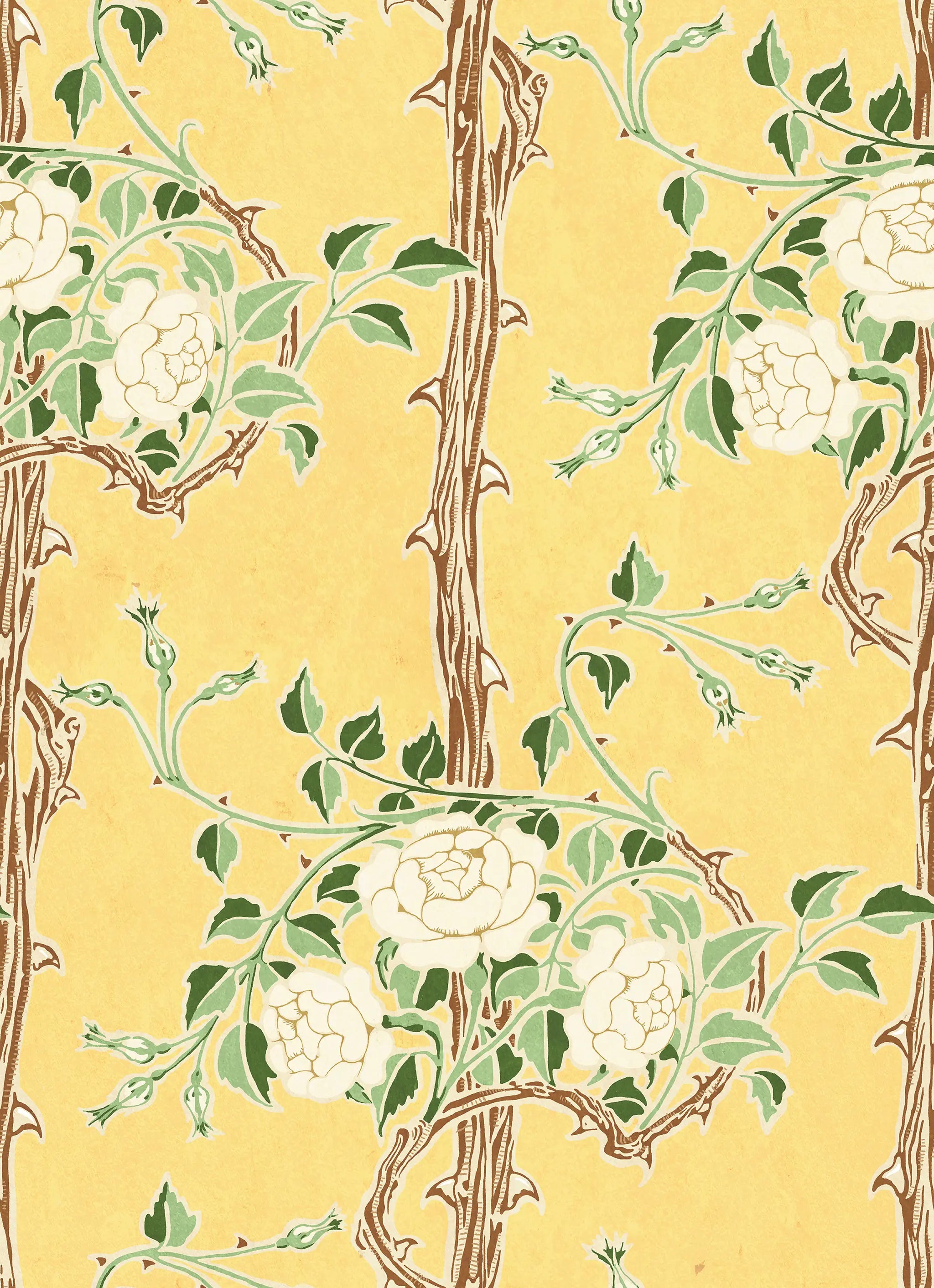 Floral pattern with white flowers and green leaves on a yellow background