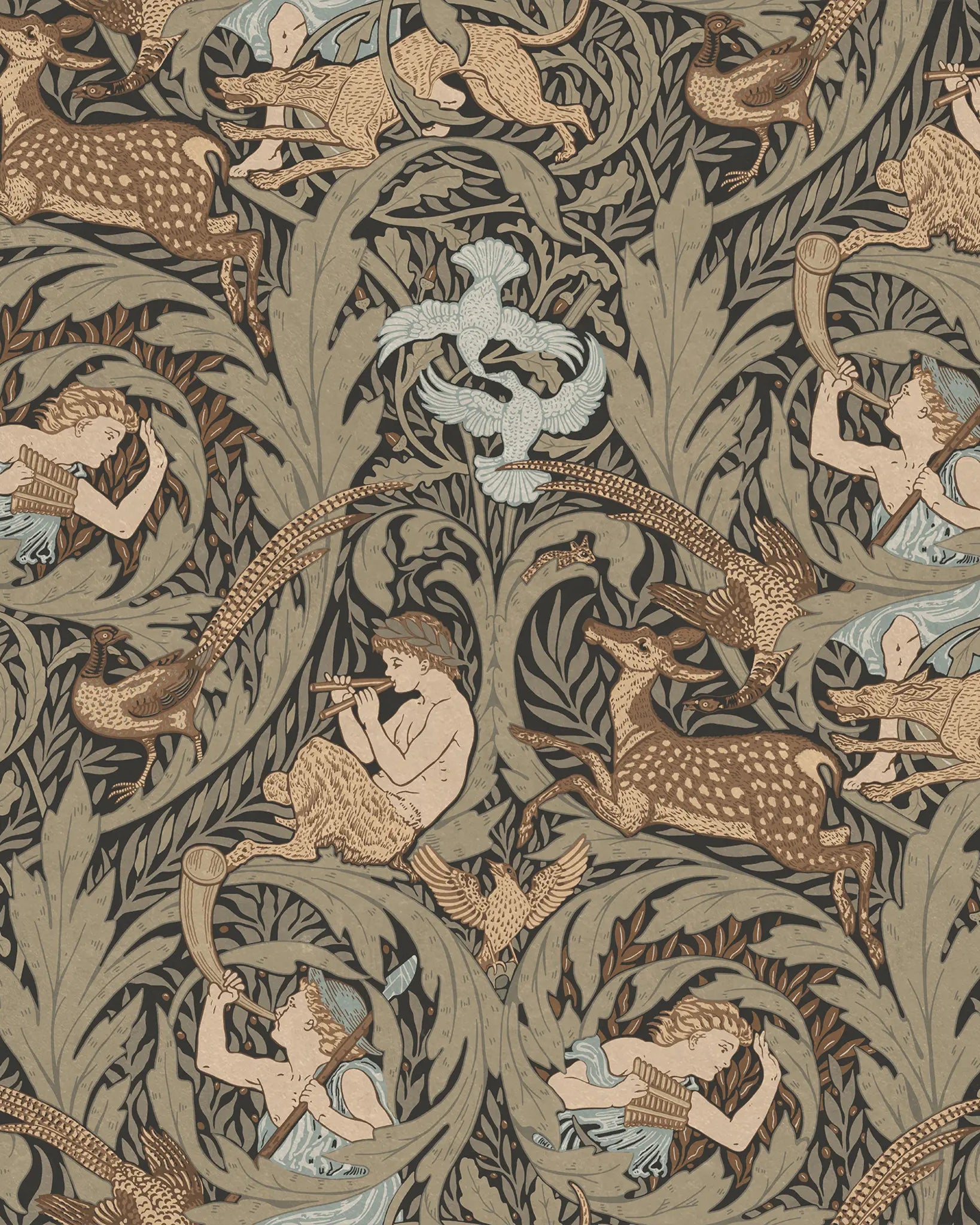 Decorative pattern that features young boys holding panpipes situated on either side of a pheasant, nestled within lush, curling foliageon a muted brown background