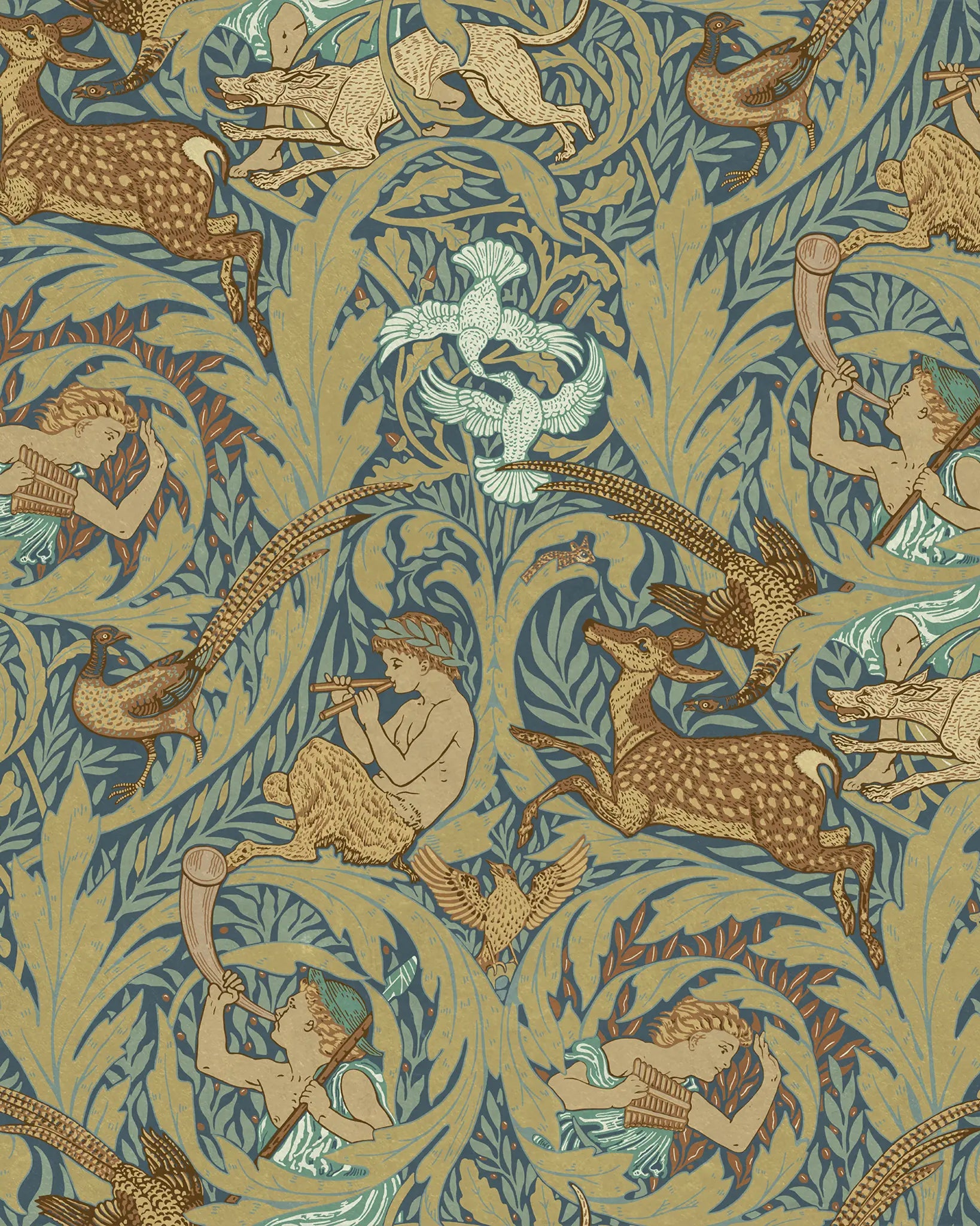 Decorative pattern that features young boys holding panpipes situated on either side of a pheasant, nestled within lush, curling foliageon a muted green background