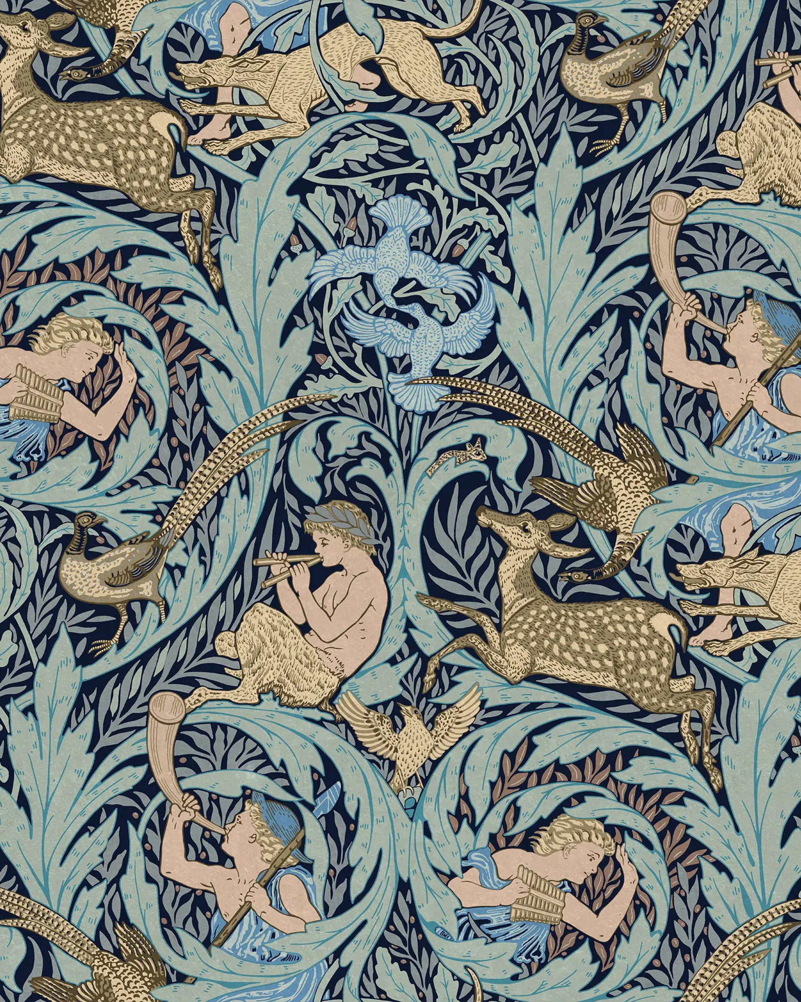 Decorative pattern that features young boys holding panpipes situated on either side of a pheasant, nestled within lush, curling foliageon a blue backround