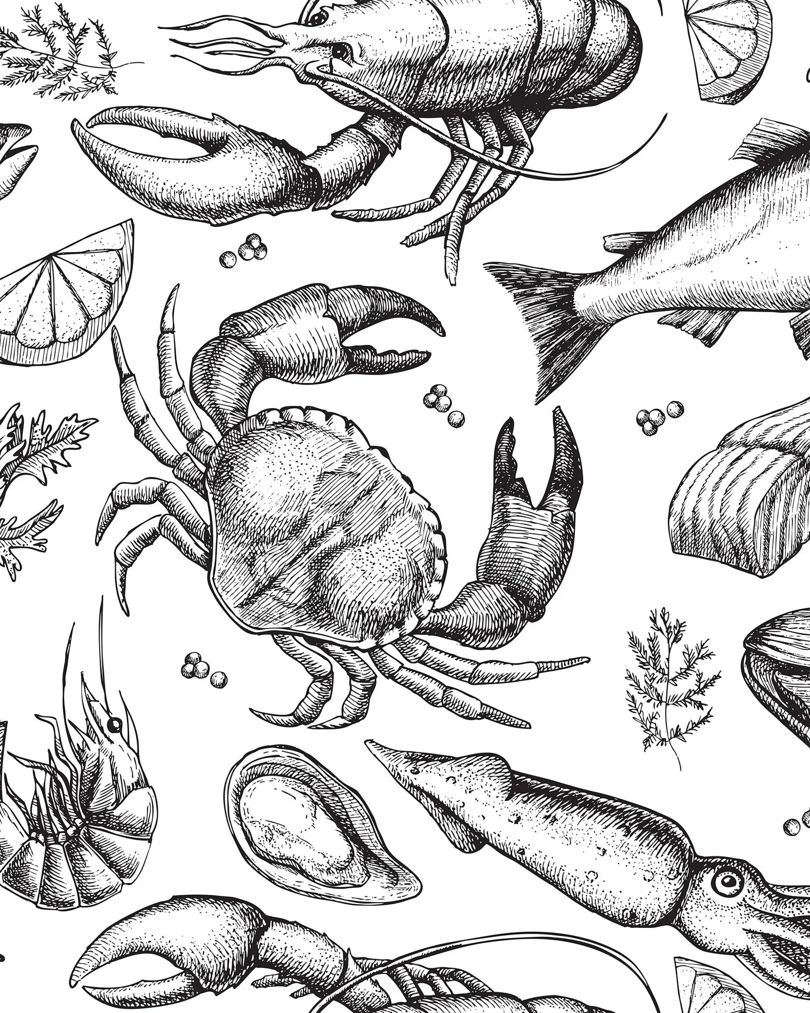 Illustration of various sea creatures including a lobster, crab, fish, and shellfish on a white background.
