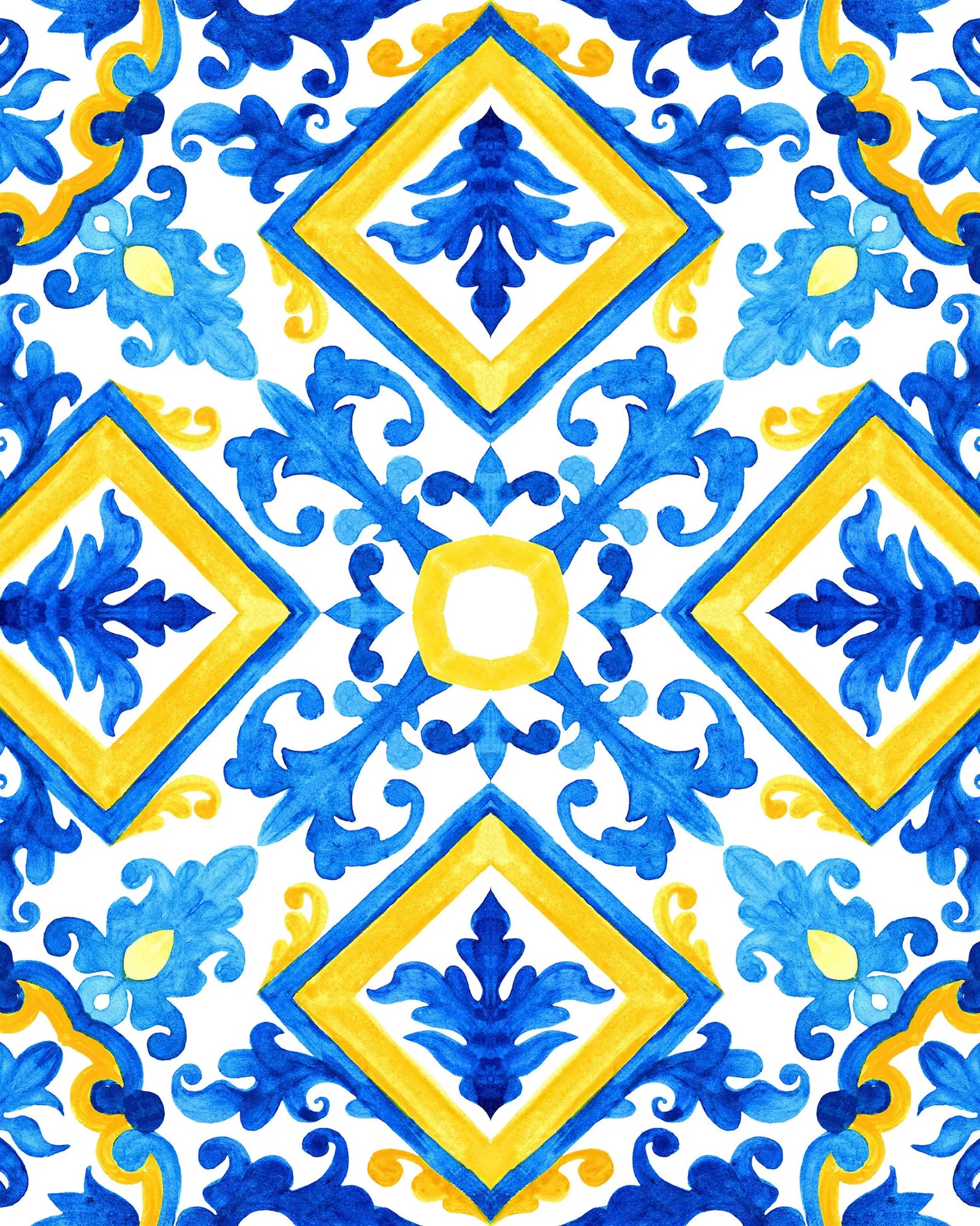 Decorative pattern with blue and yellow elements on a white background