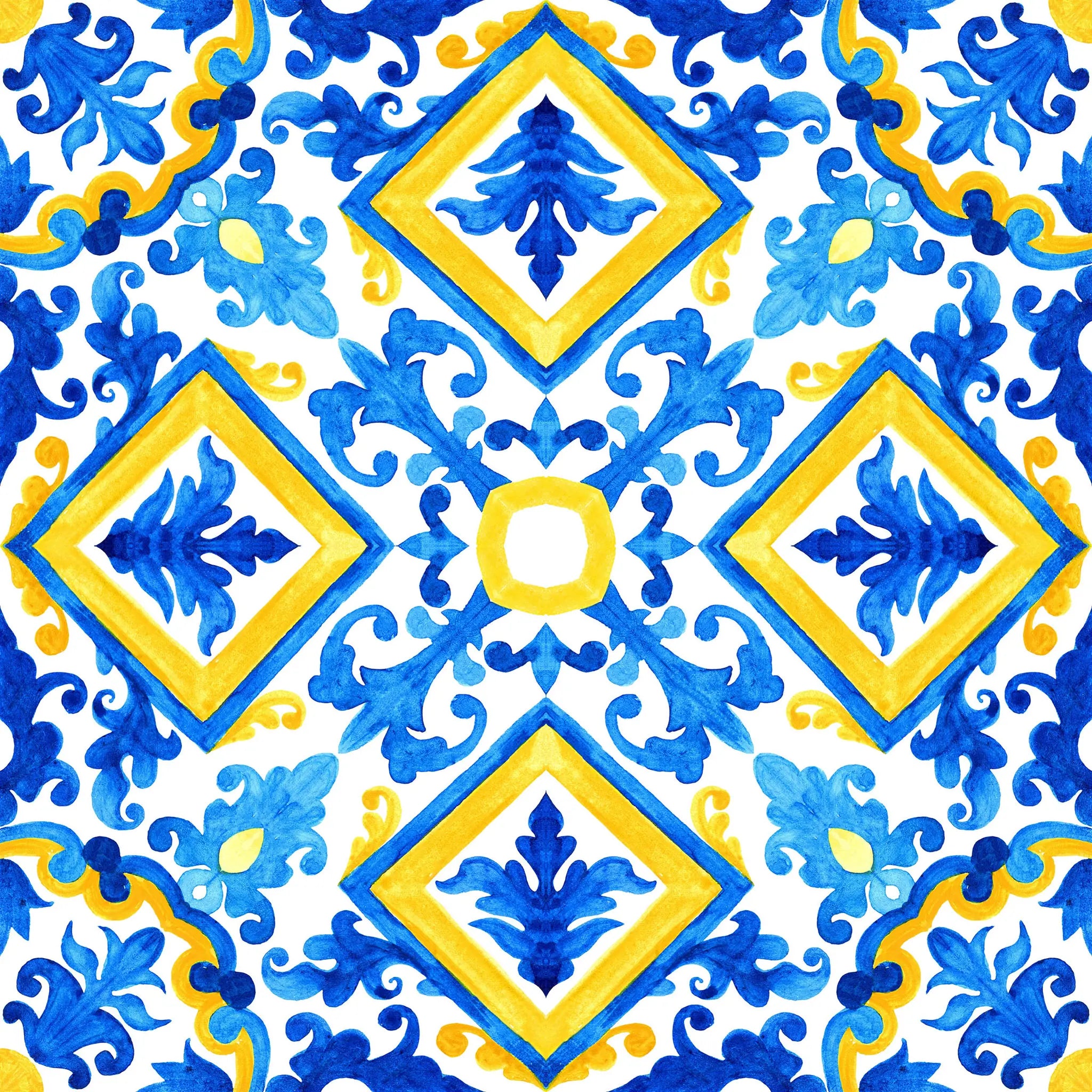 Decorative pattern with blue and yellow elements on a white background