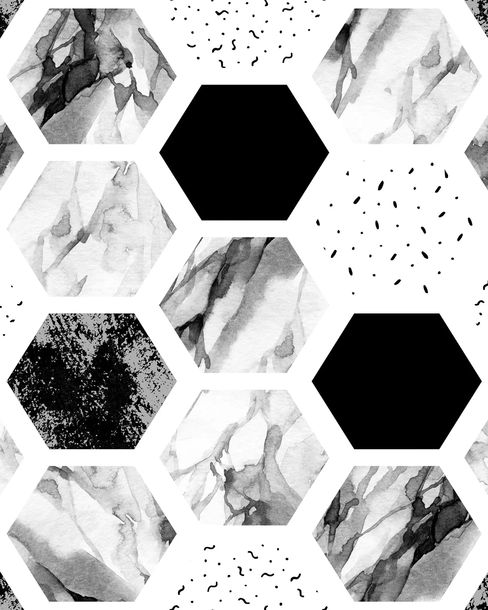 Hexagonal pattern with black shapes on a white background