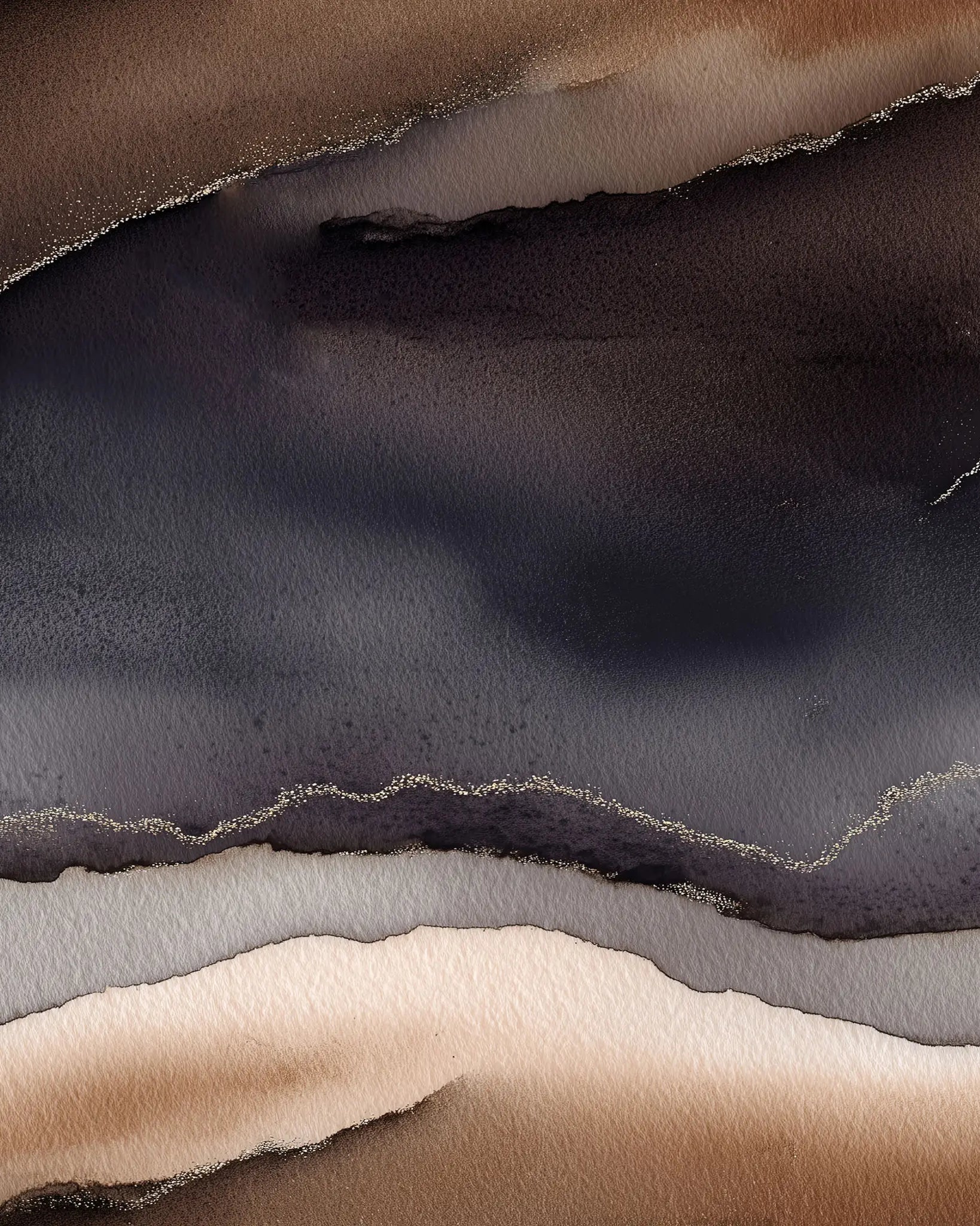 Stack of abstract watercolor waves in various brown and black tones.
