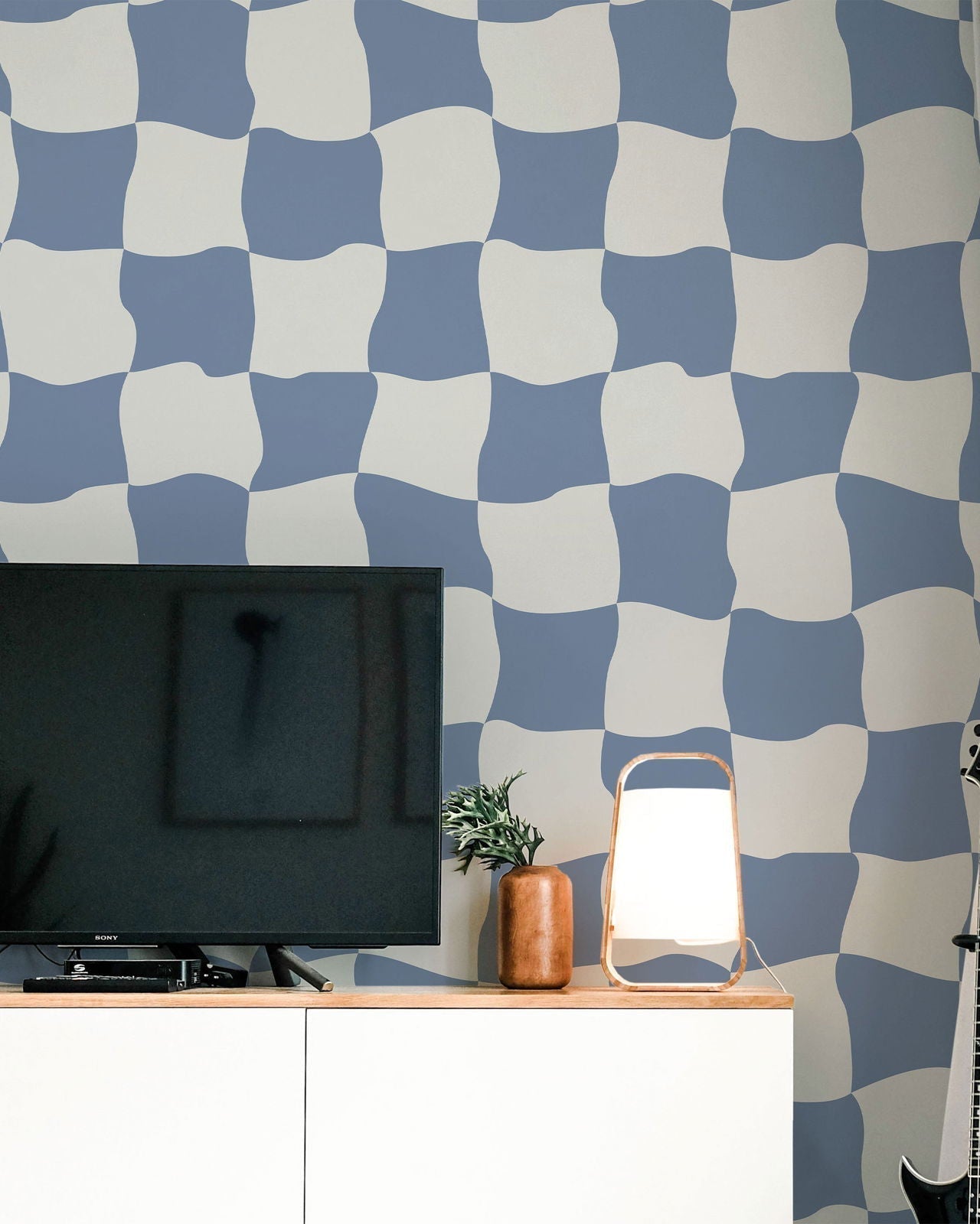 Wavy Squares Peel and Stick Wallpaper, Removable Wallpaper, Traditional Wallpaper - Blue | DeccoPrint