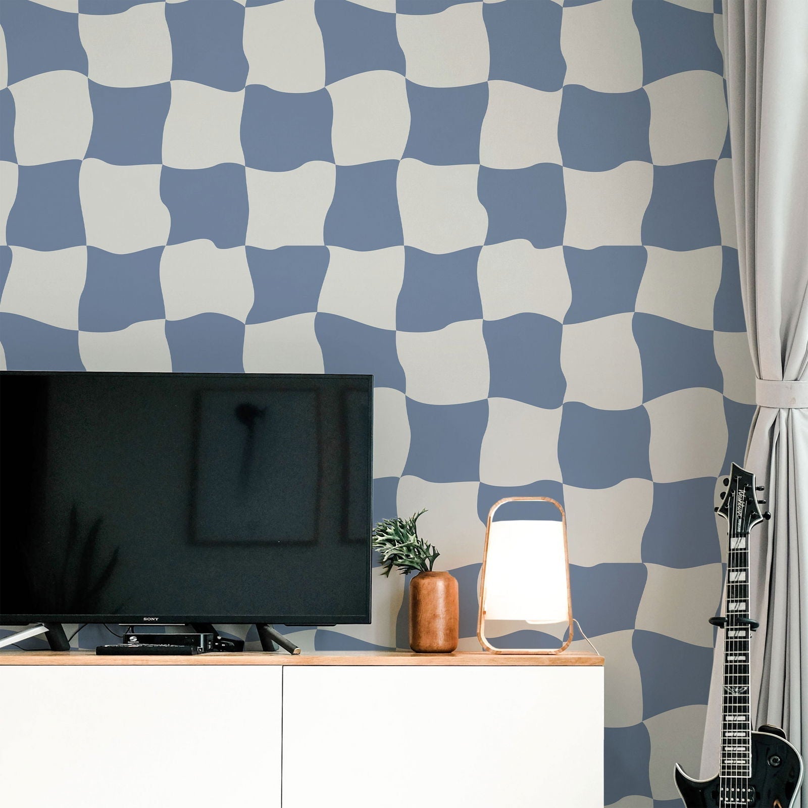 Wavy Squares Peel and Stick Wallpaper, Removable Wallpaper, Traditional Wallpaper - Blue | DeccoPrint