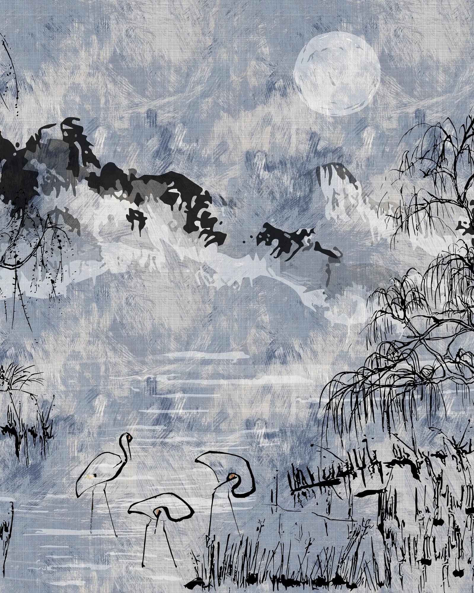 Traditional ink painting of a landscape with trees, birds, and a full moon.