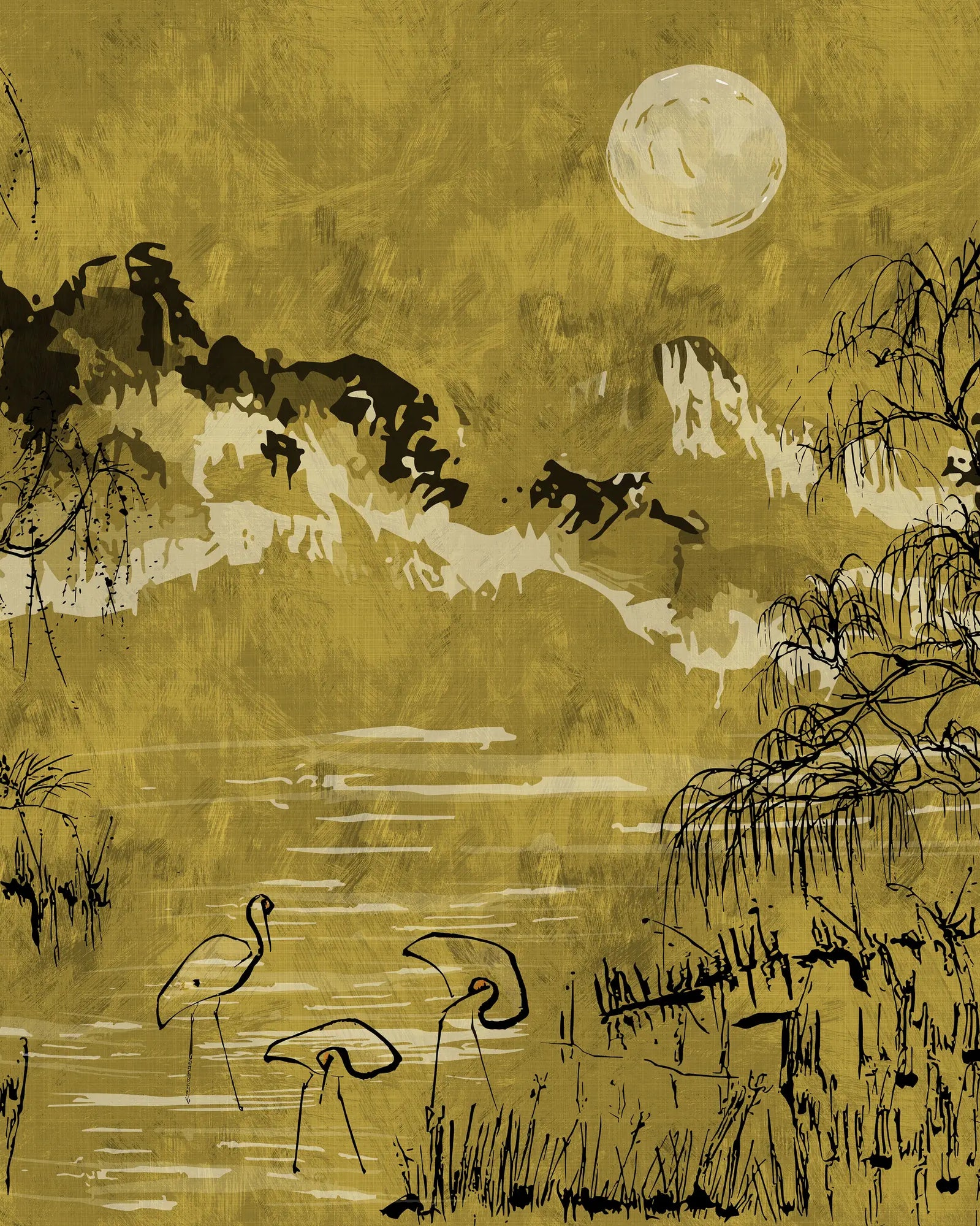 Traditional ink painting of a landscape with trees, moon, and birds on a gold background