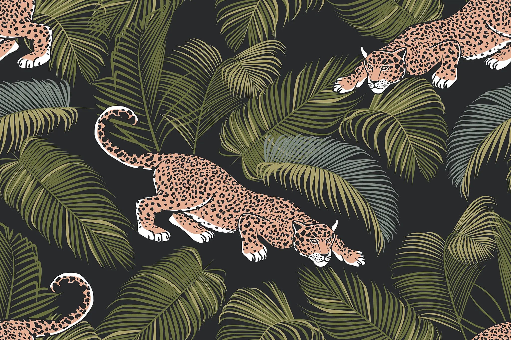 Pattern of leopards and green leaves on a black background