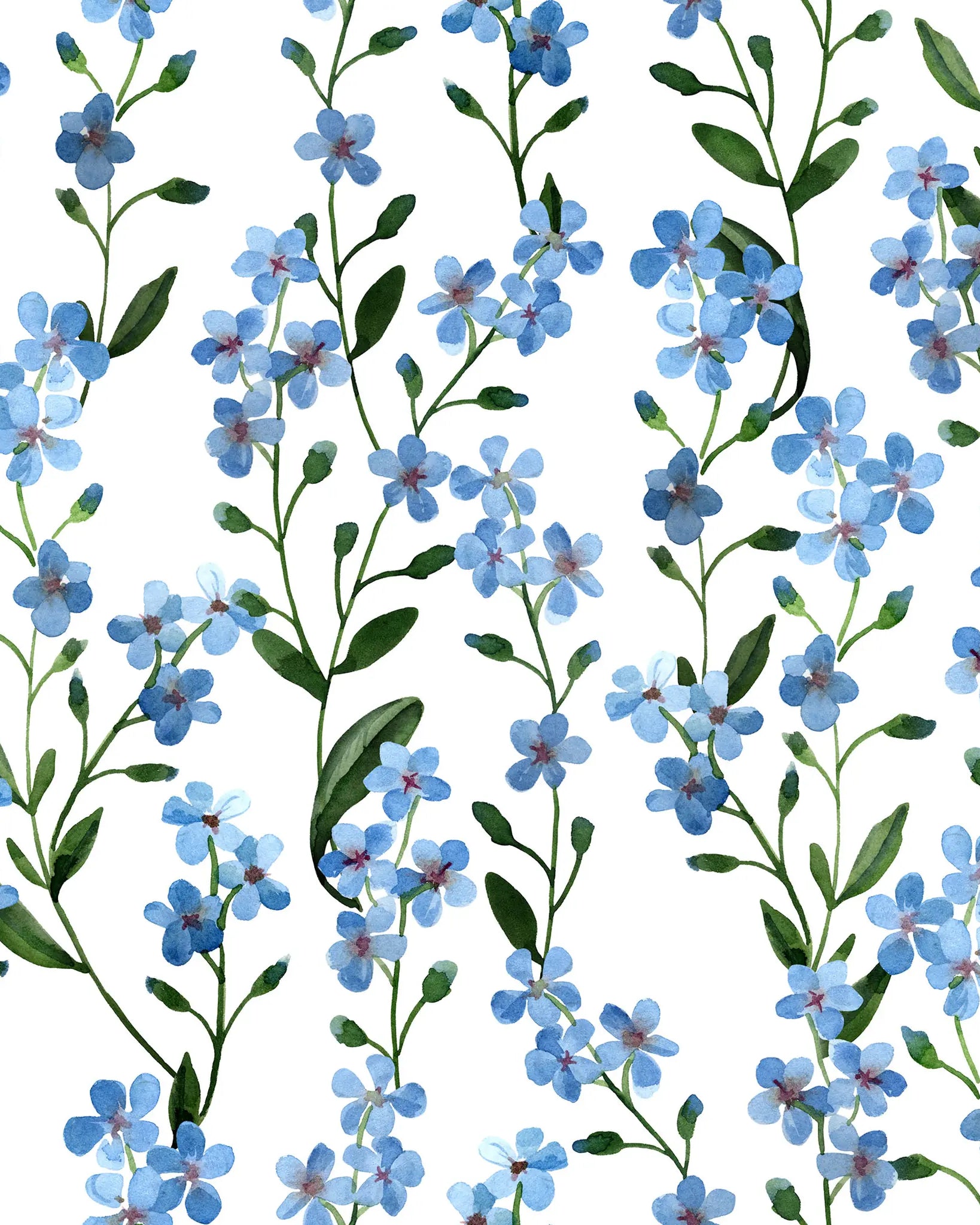 Pattern of blue flowers and green leaves on a white background