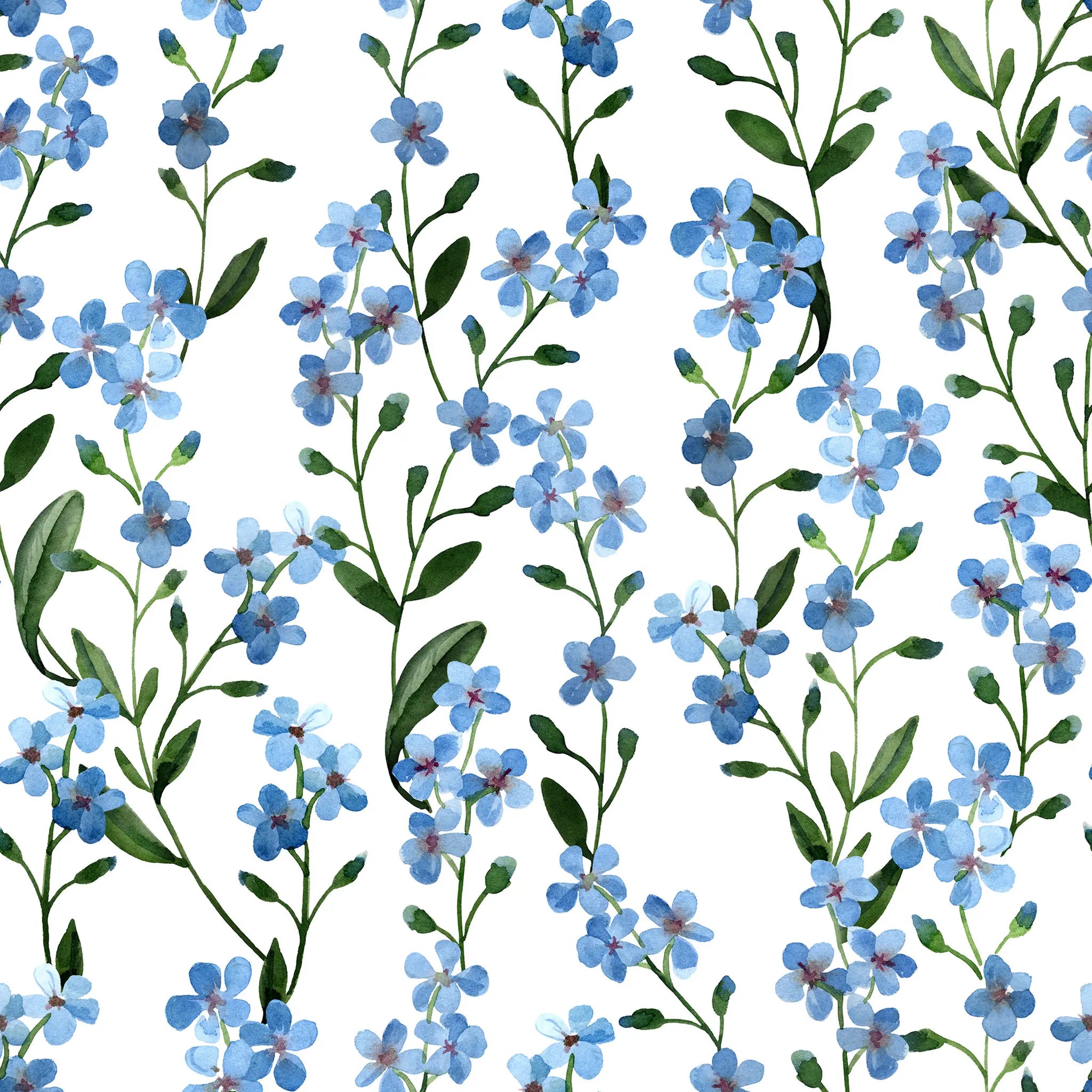 Pattern of blue flowers and green leaves on a white background