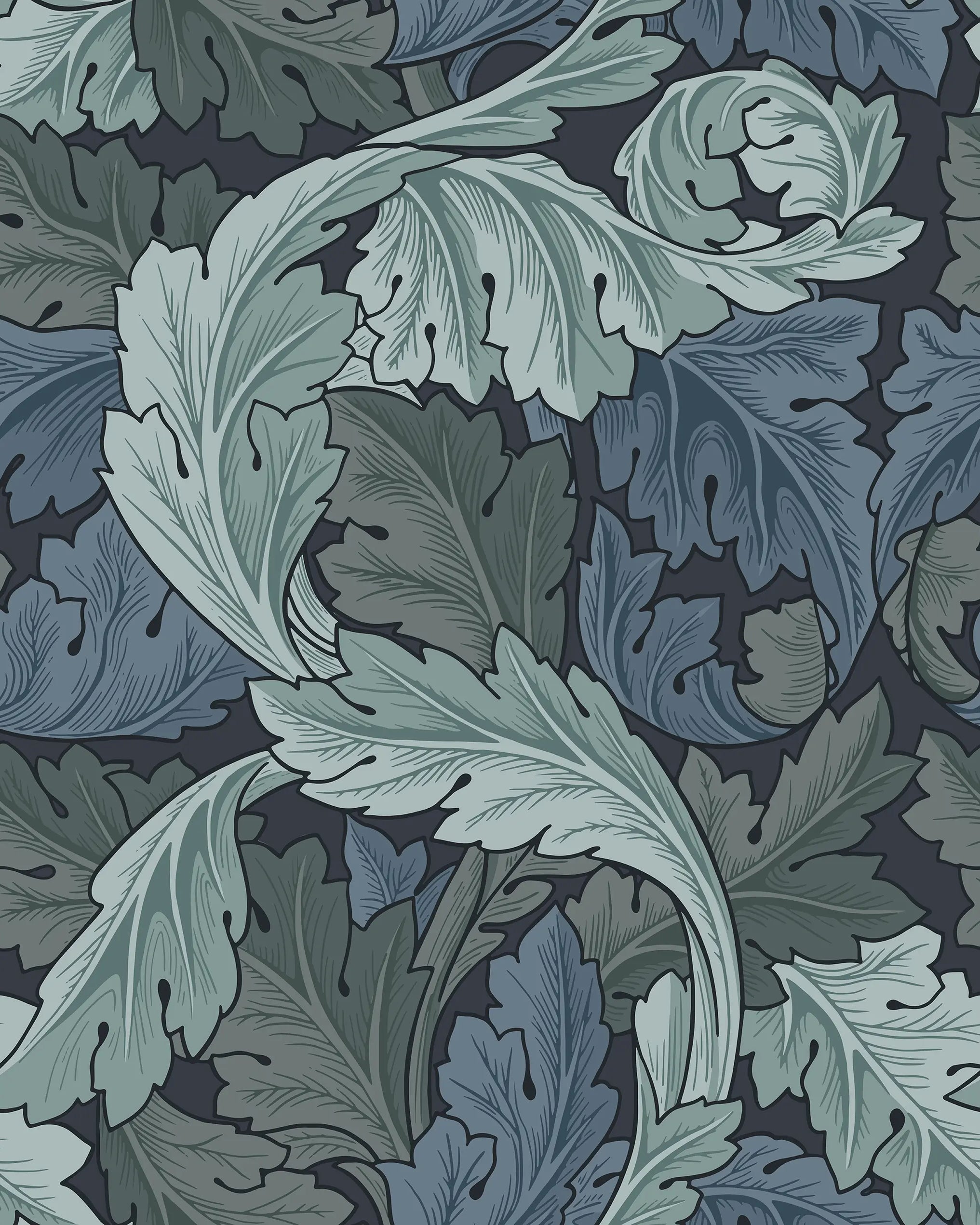 Decorative pattern with blue leaves on a dark background