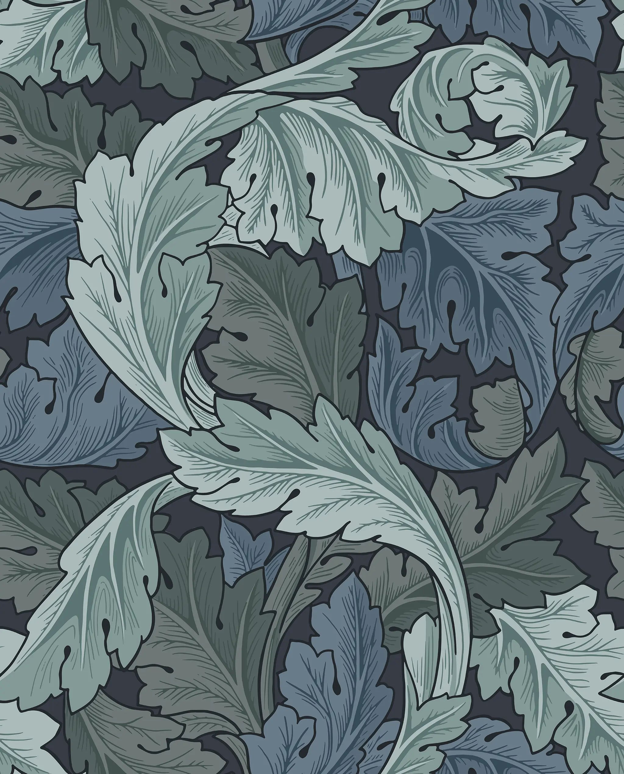 Decorative pattern with blue leaves on a dark background