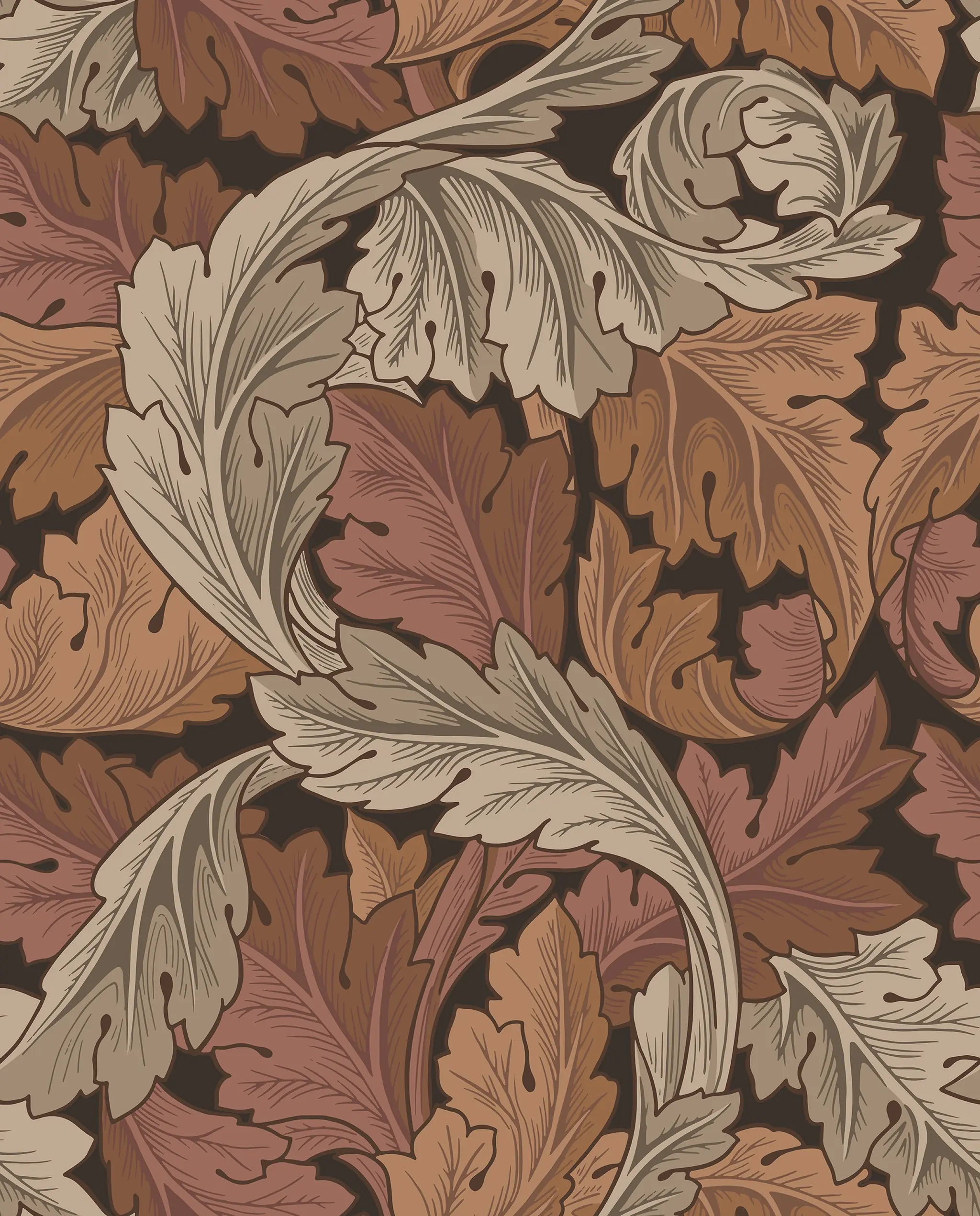 Decorative pattern of leaves and flowers in brown and beige on a dark background