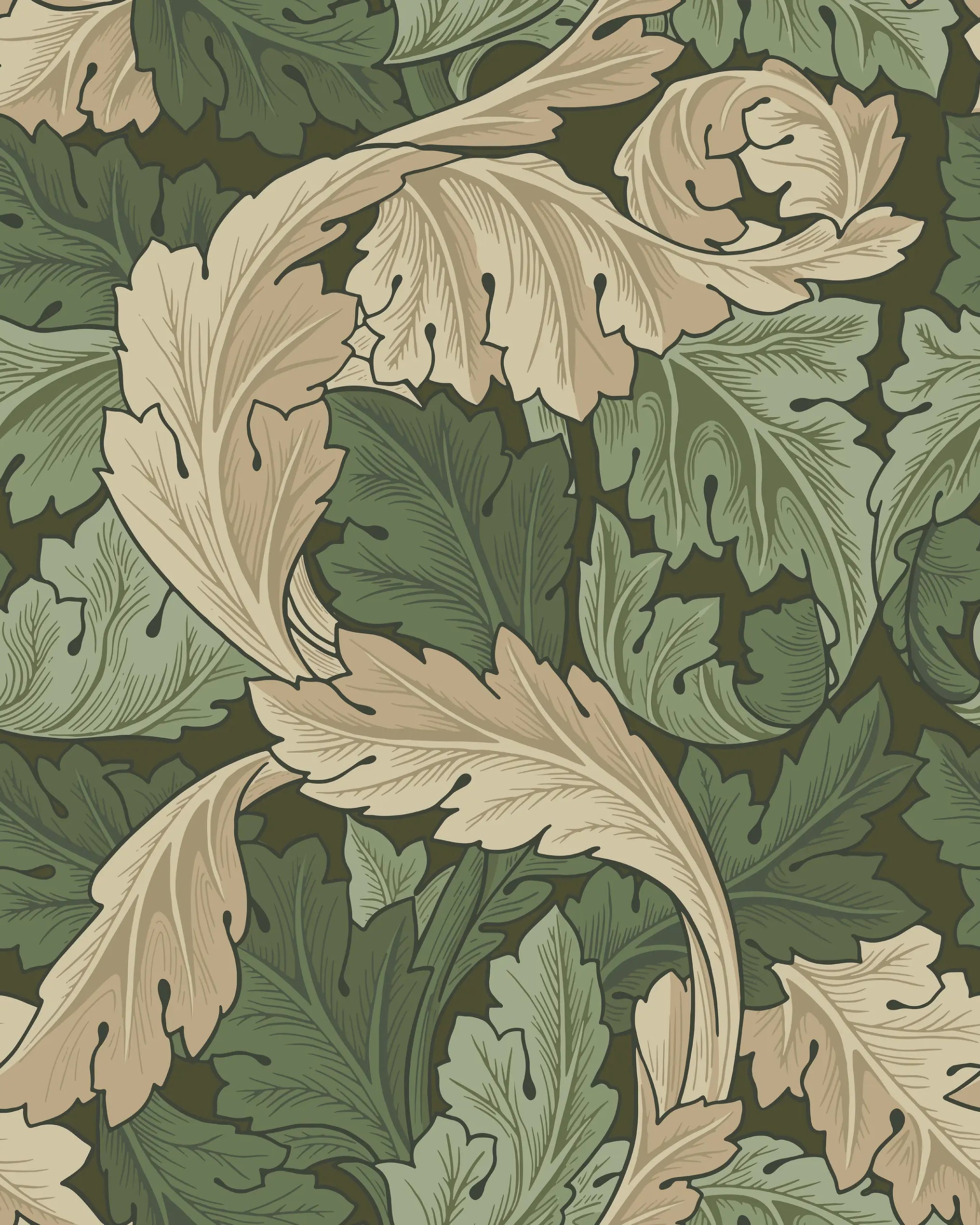 Decorative pattern with leaves and floral elements on a green background