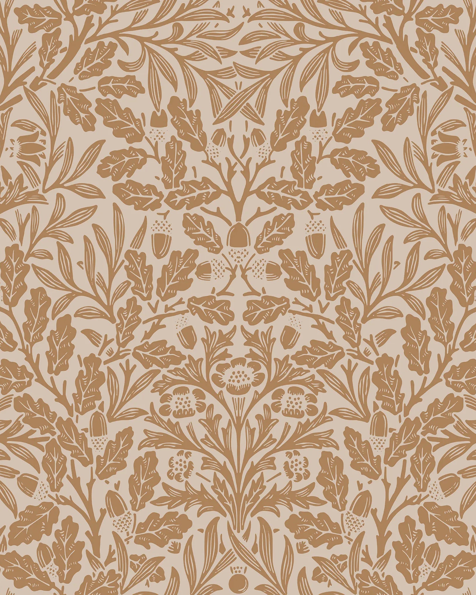 Brown floral pattern with acorns on a beige background
