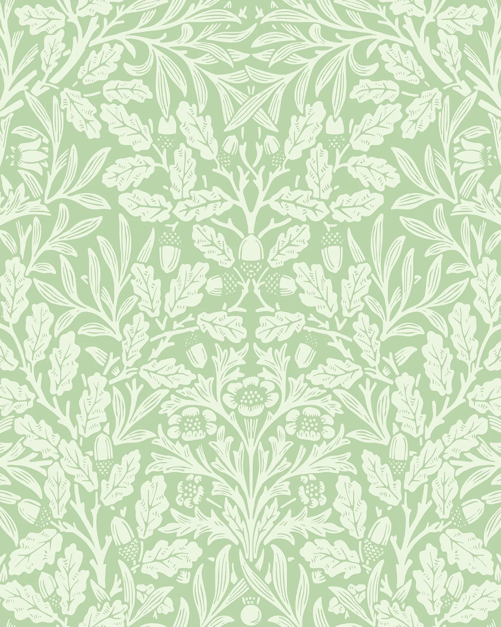 Patterned wallpaper with white leaves and acorns on a light green background