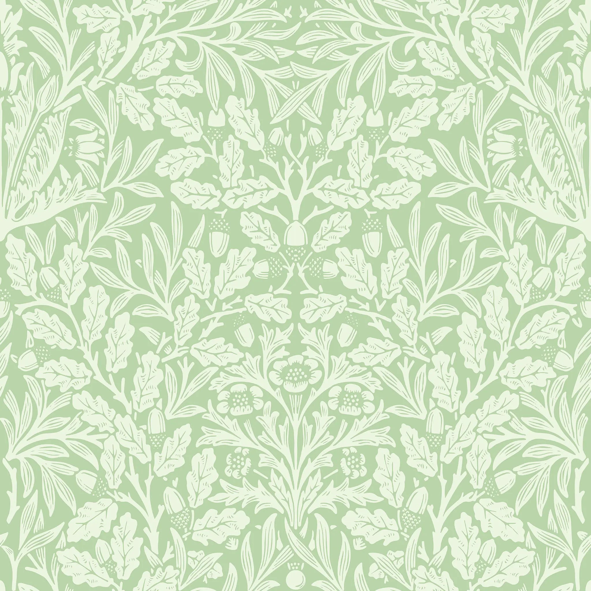 Patterned wallpaper with white leaves and acorns on a light green background