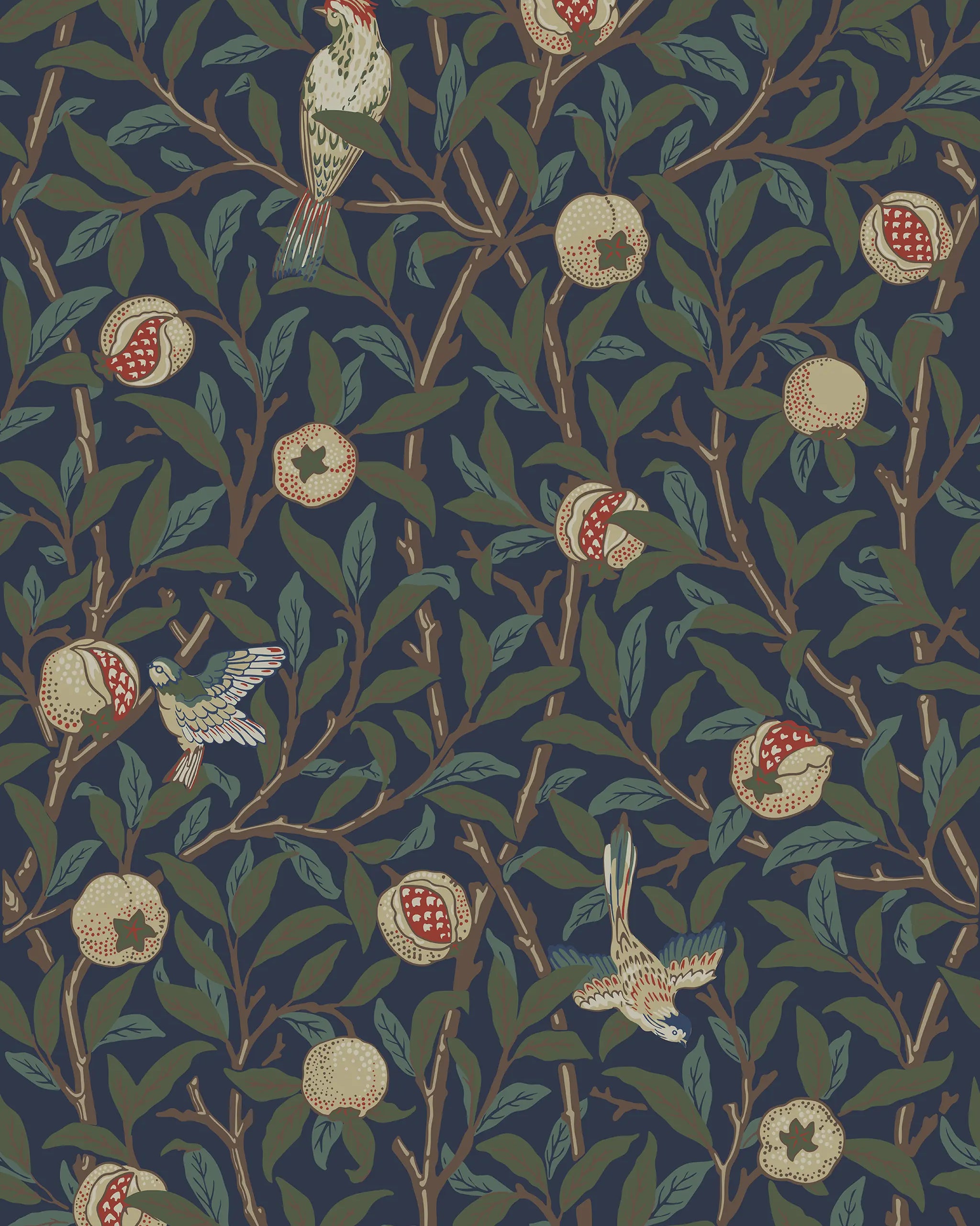 Patterned design with birds, flowers, and leaves on a dark blue background