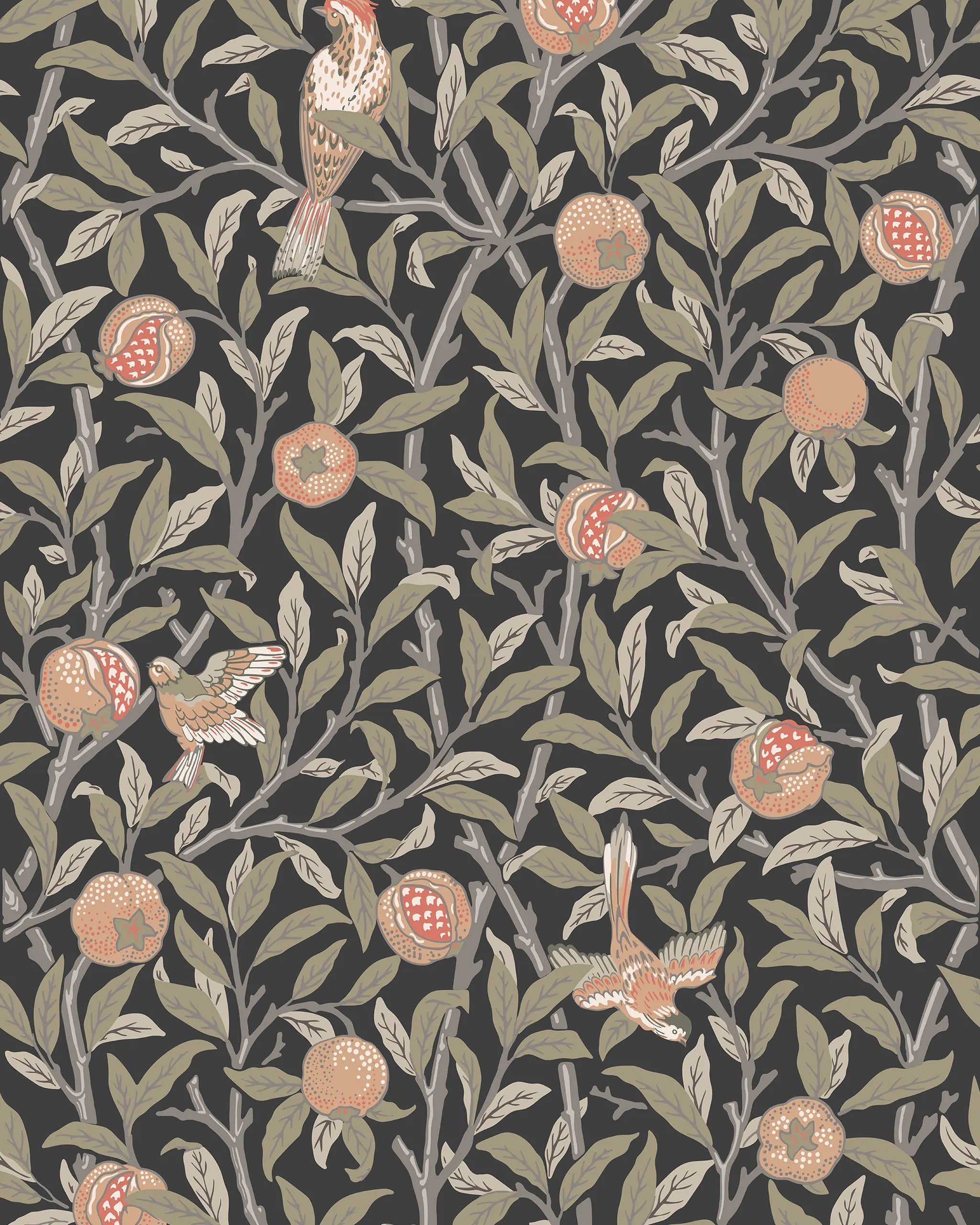 Patterned fabric with birds, pomegranates, and leaves on a dark background