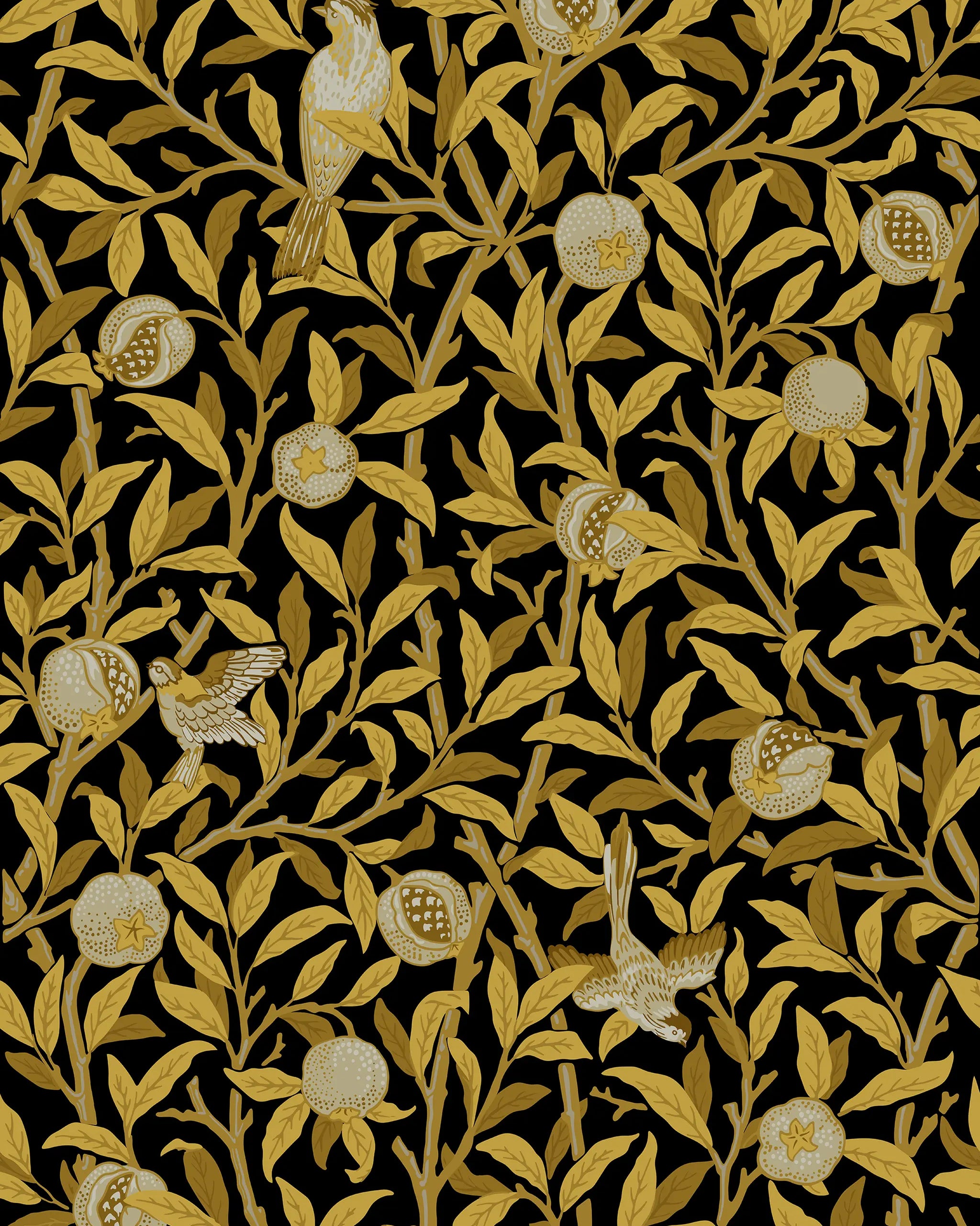 Gold leaf and fruit pattern on a black background