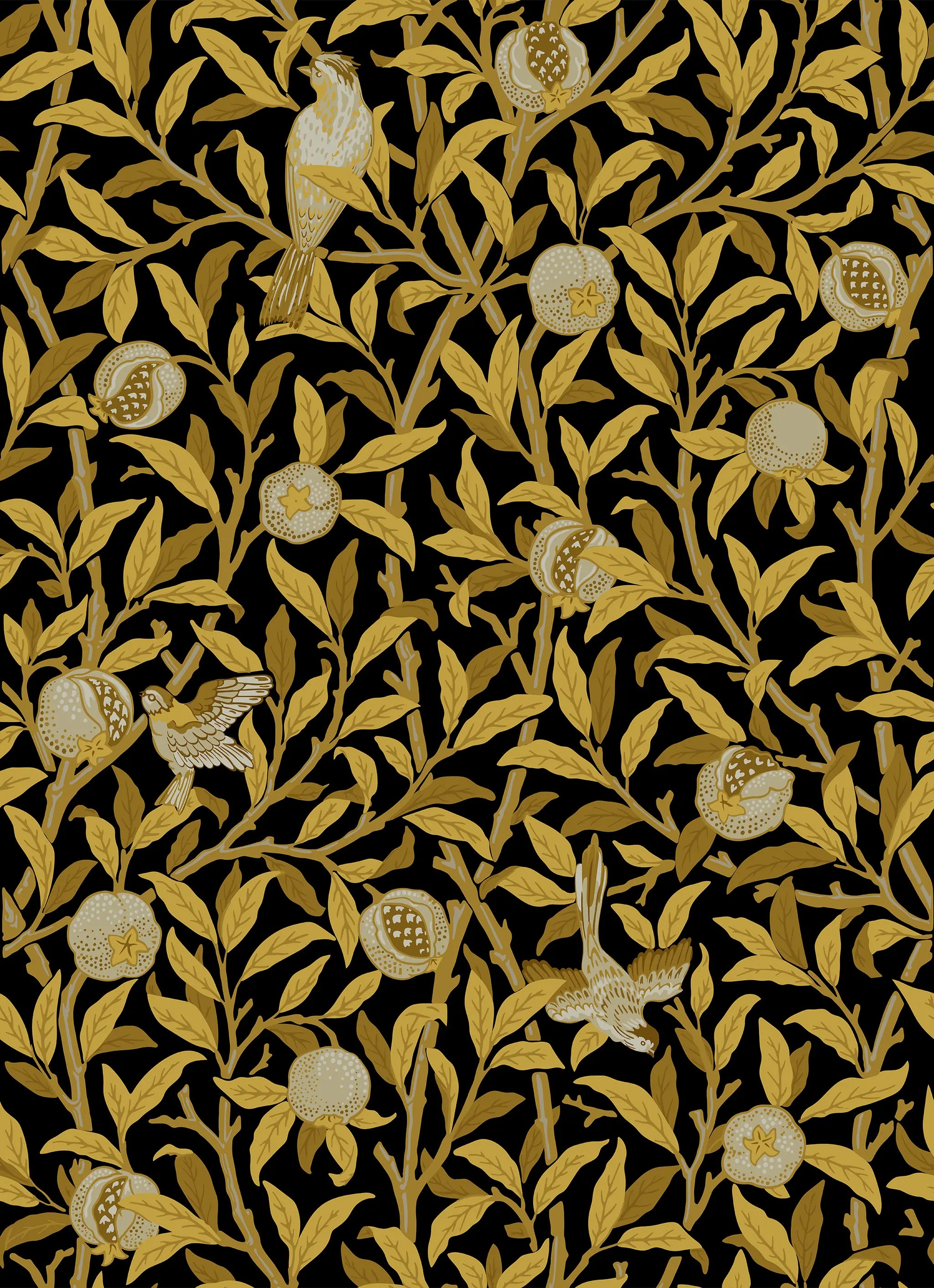 Gold leaf and fruit pattern on a black background