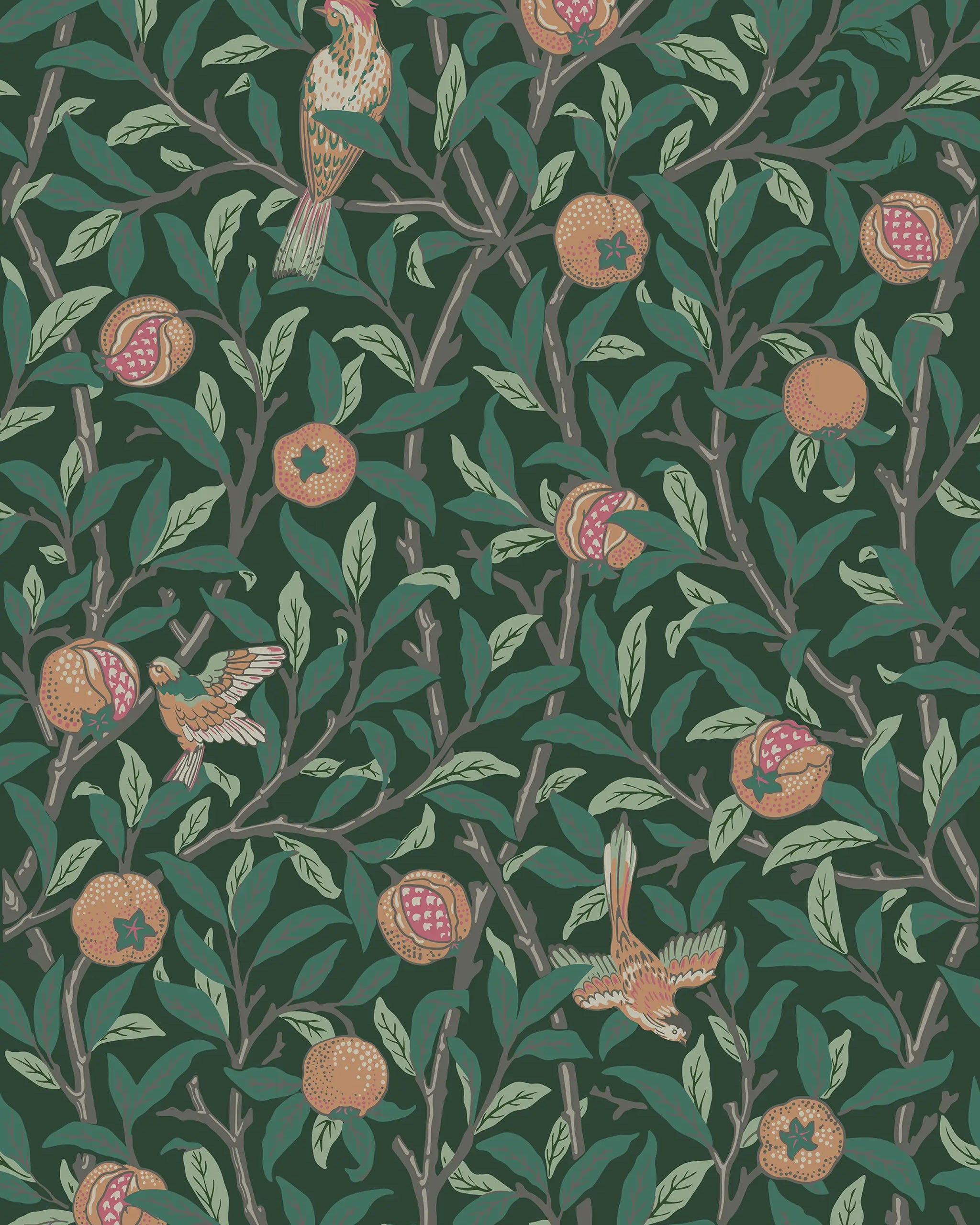 Pattern of birds and pomegranates on a dark green background