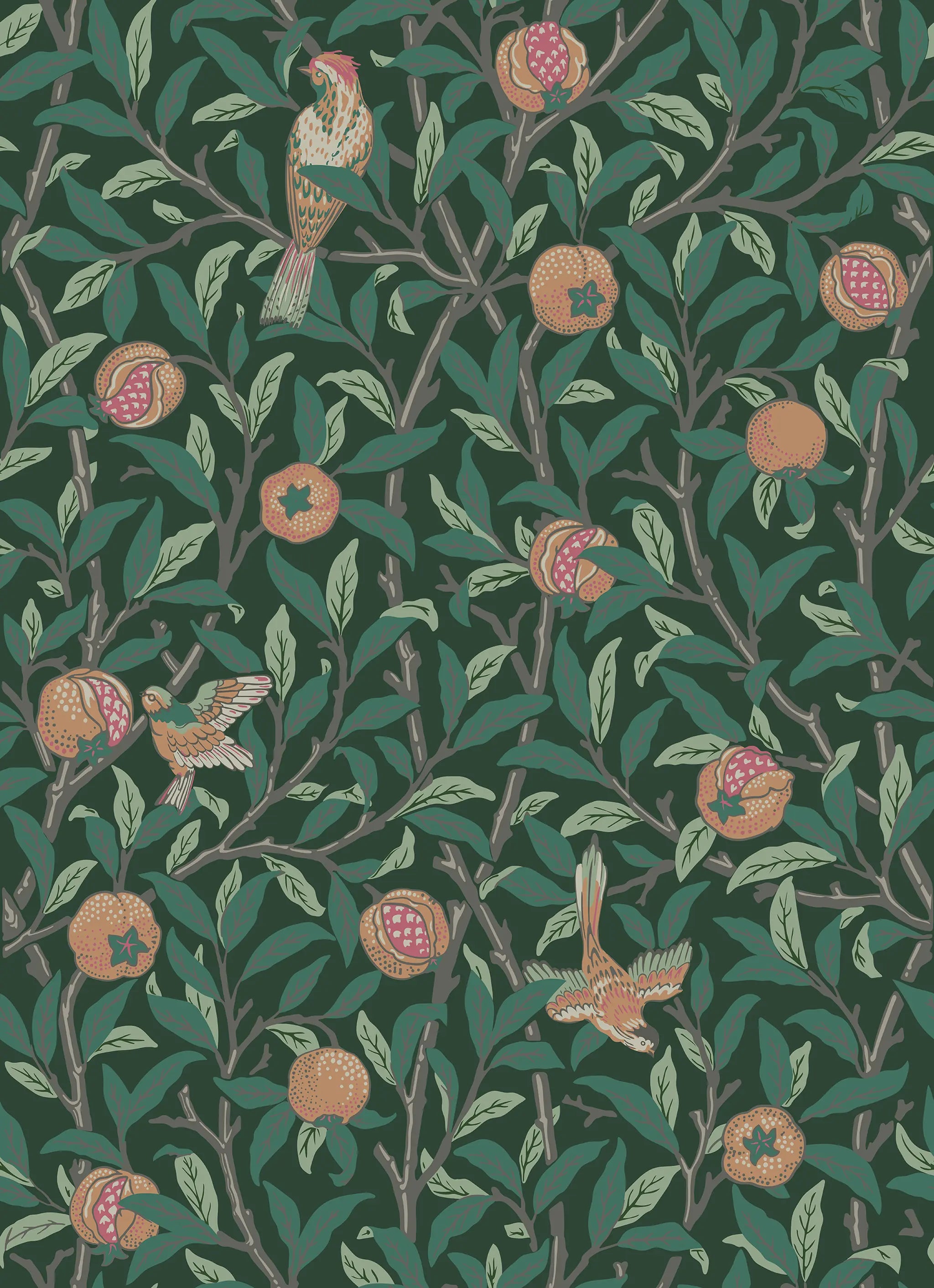 Pattern of birds and pomegranates on a dark green background