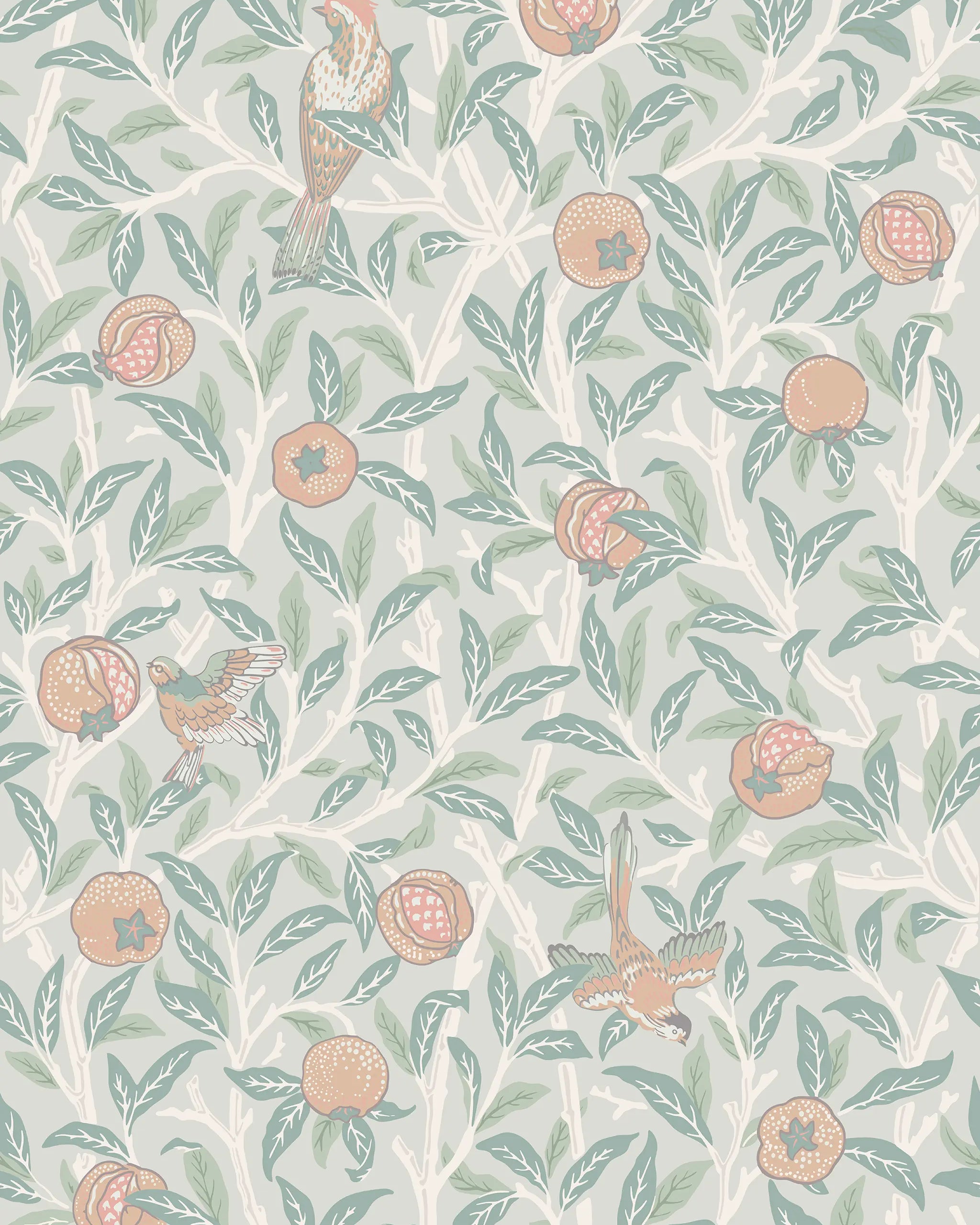 Patterned wallpaper with birds and pomegranates on a light blue background