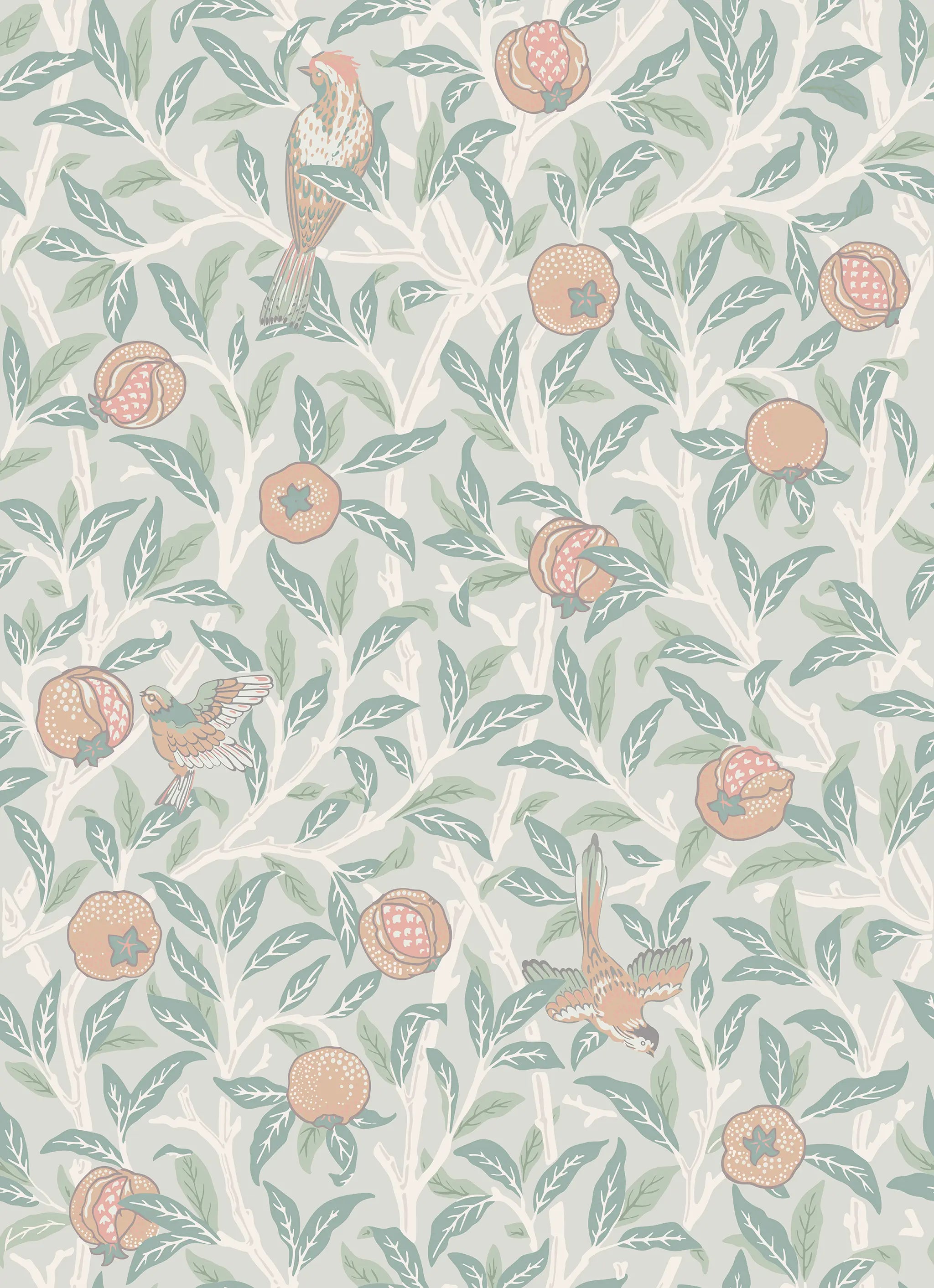 Patterned wallpaper with birds and pomegranates on a light blue background