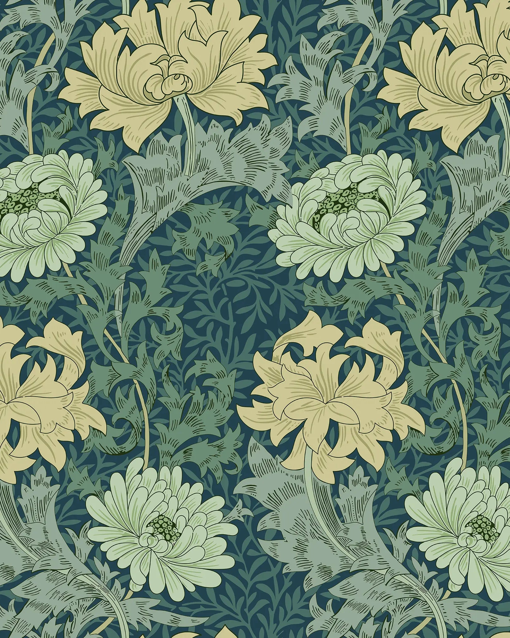 Floral pattern with green and beige flowers on a dark blue background