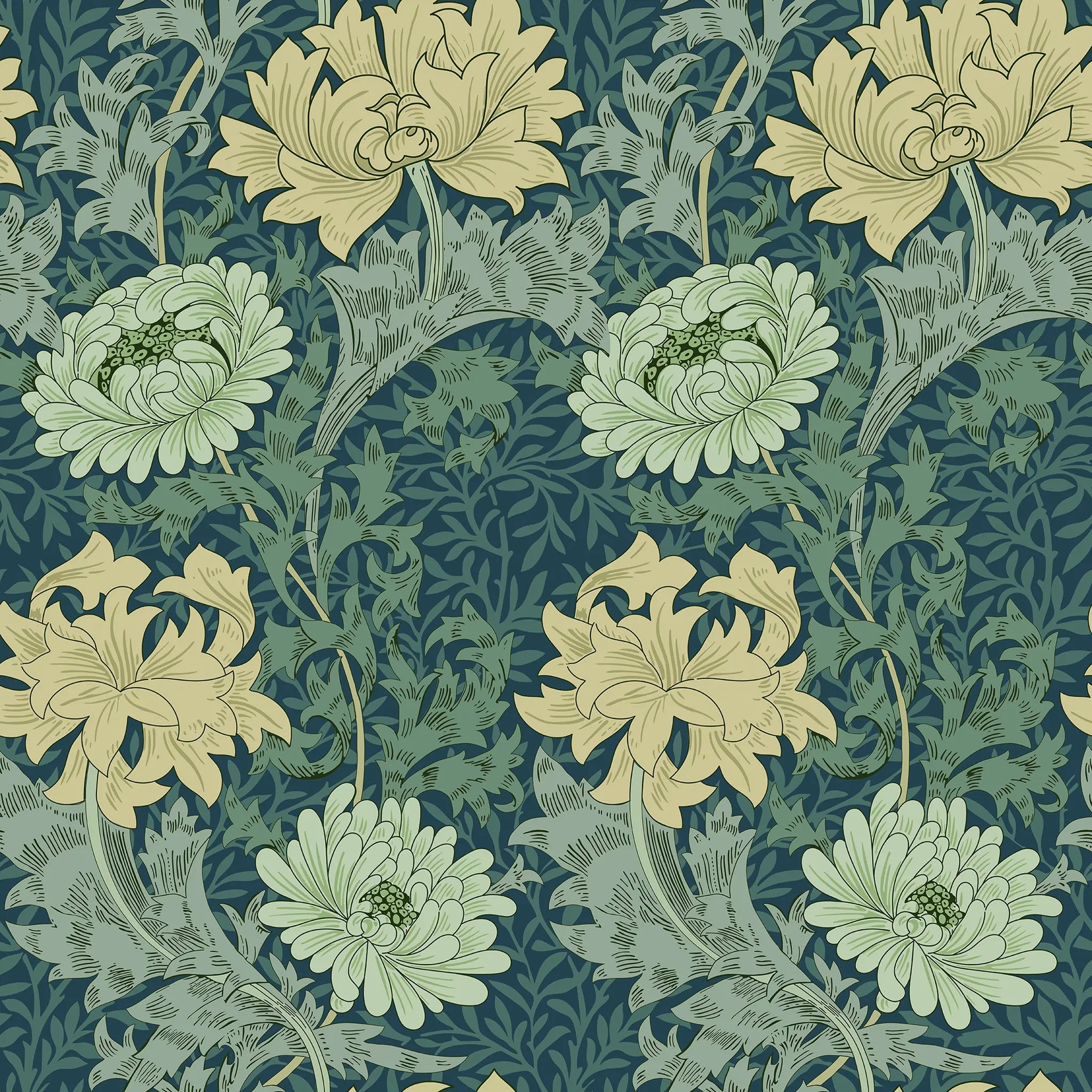 Floral pattern with green and beige flowers on a dark blue background