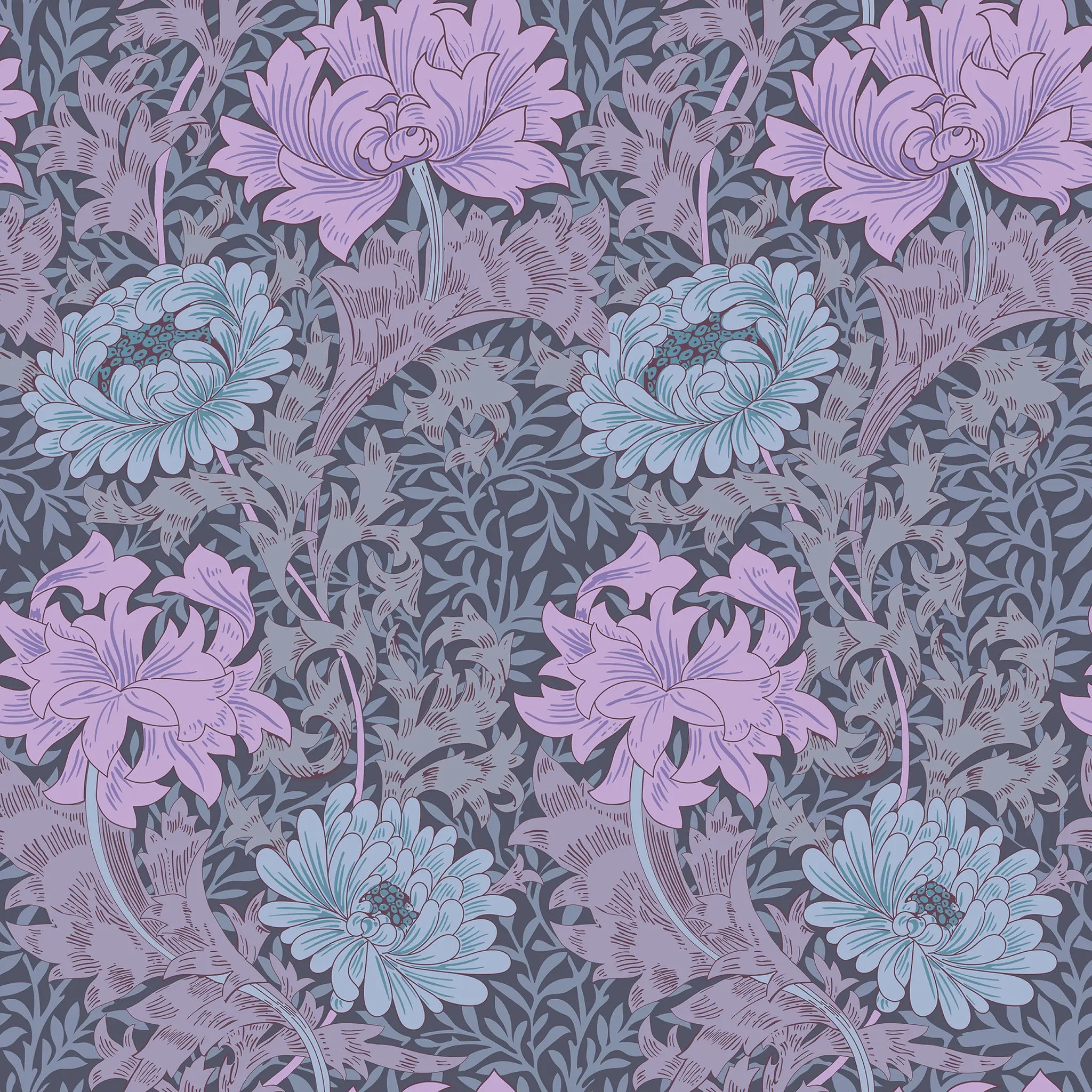 Floral pattern with purple and teal flowers on a dark background