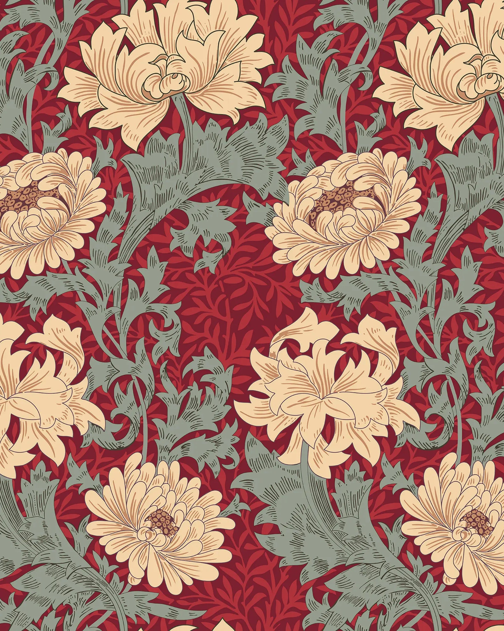 Floral pattern with beige flowers on a red background