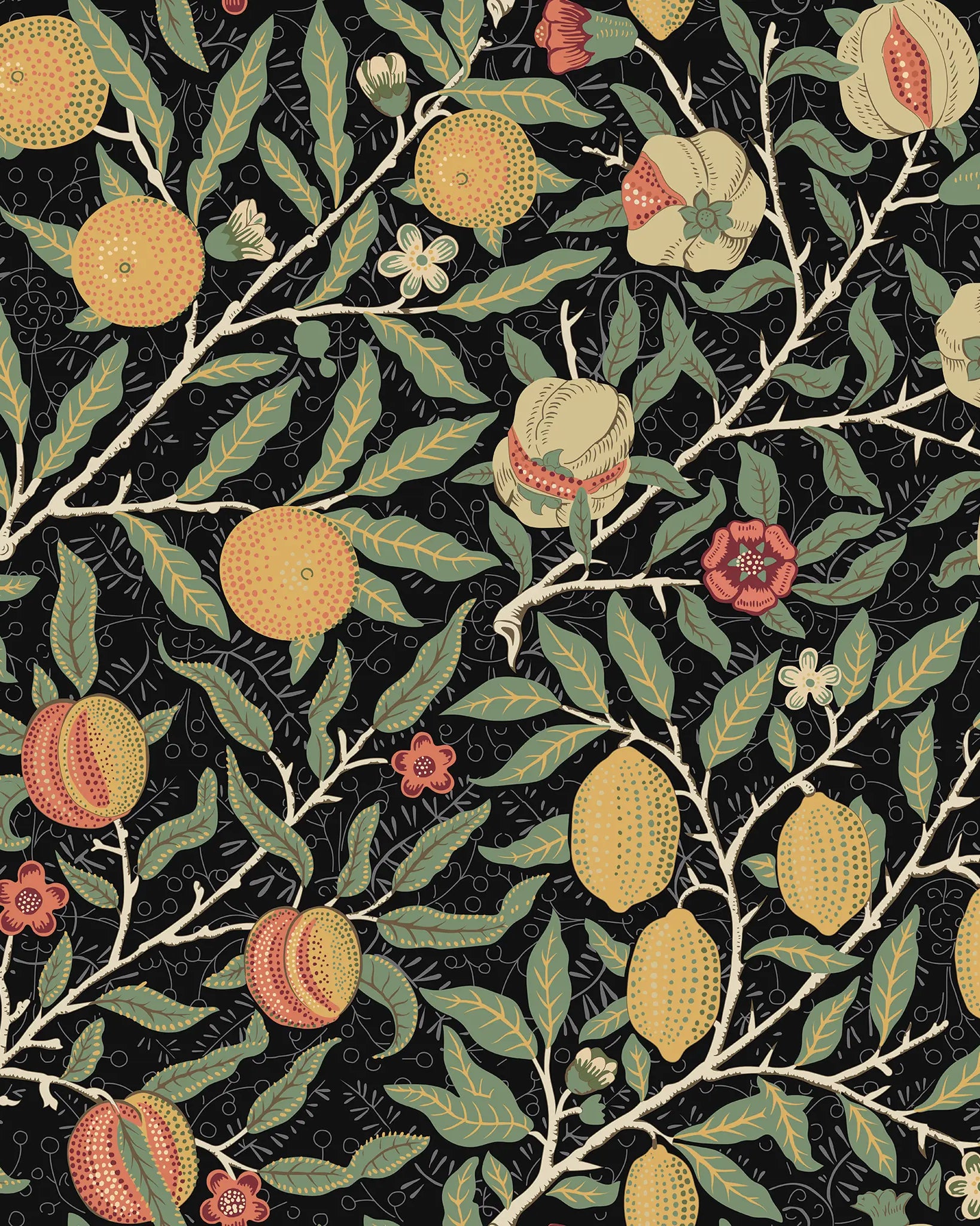 Decorative pattern of fruits and leaves on a black background