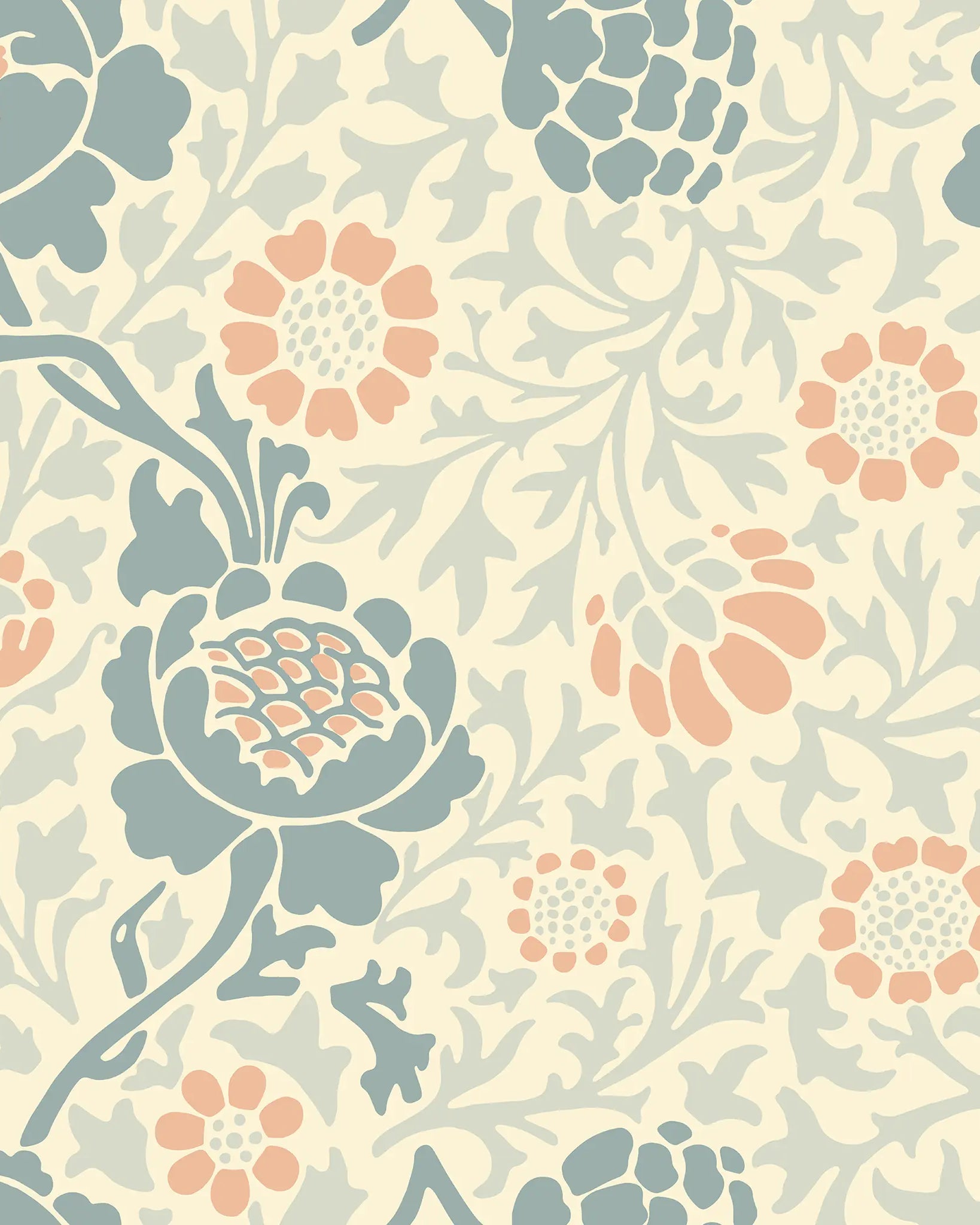 Floral pattern with blue and pink flowers on a beige background