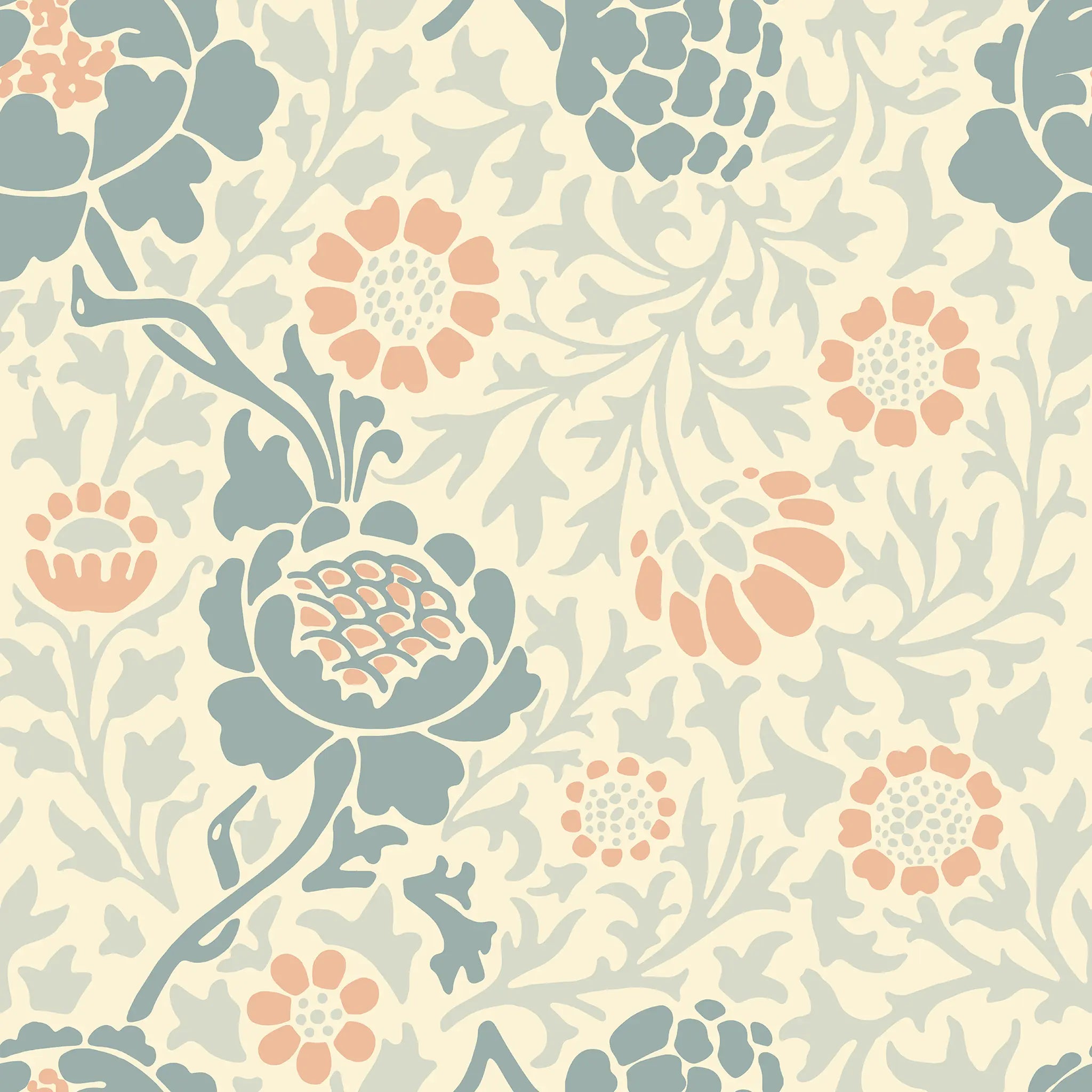 Floral pattern with blue and pink flowers on a beige background