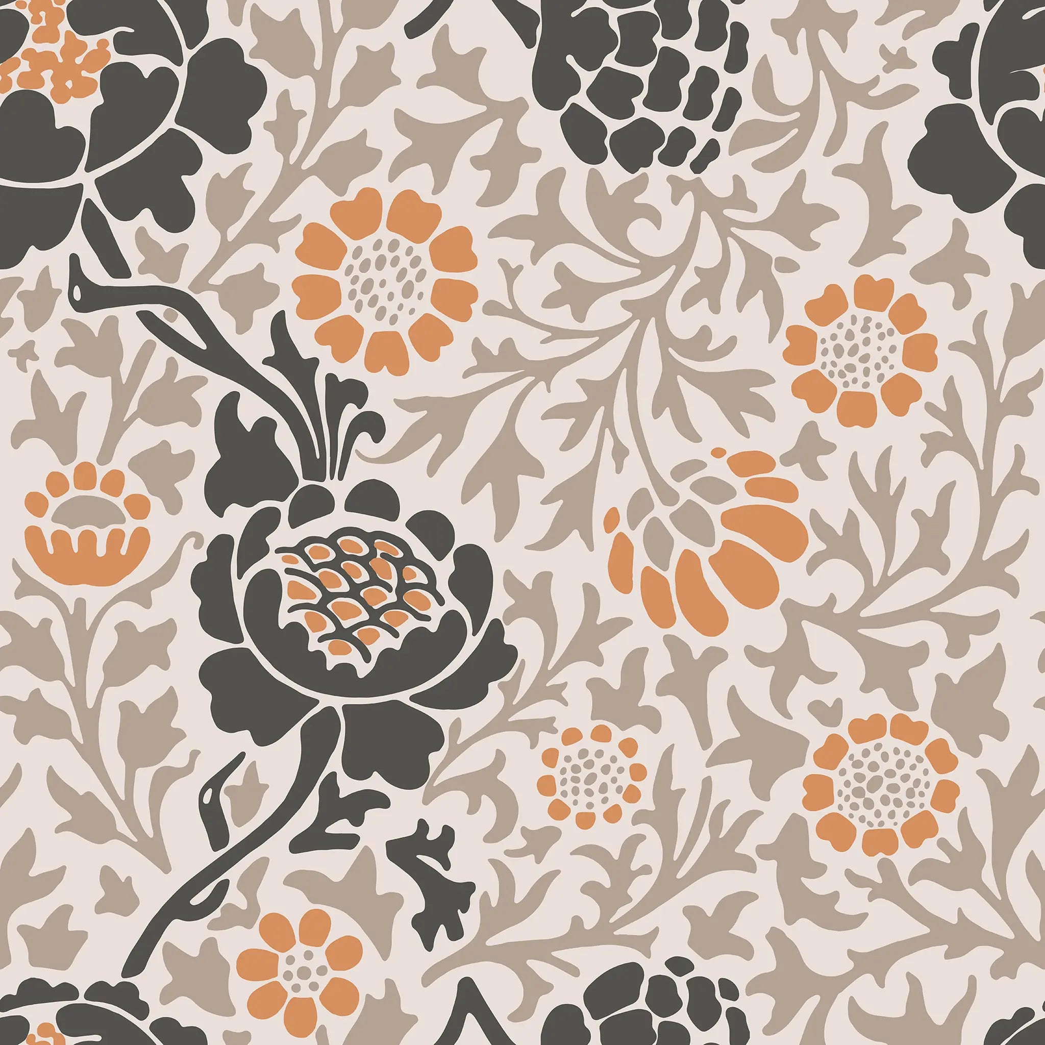 Floral pattern with black, orange, and beige flowers on a beige background
