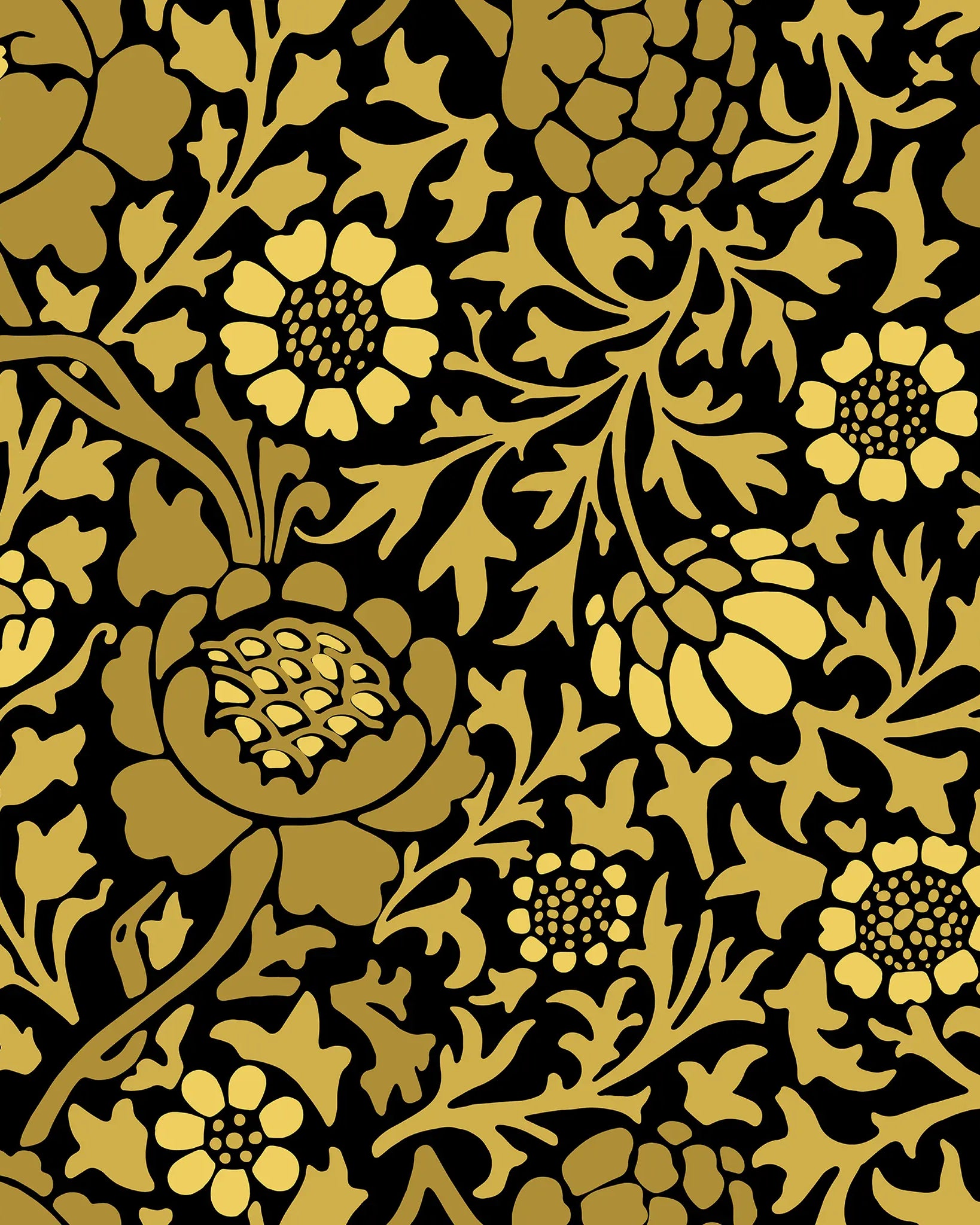 Gold floral pattern on a black background